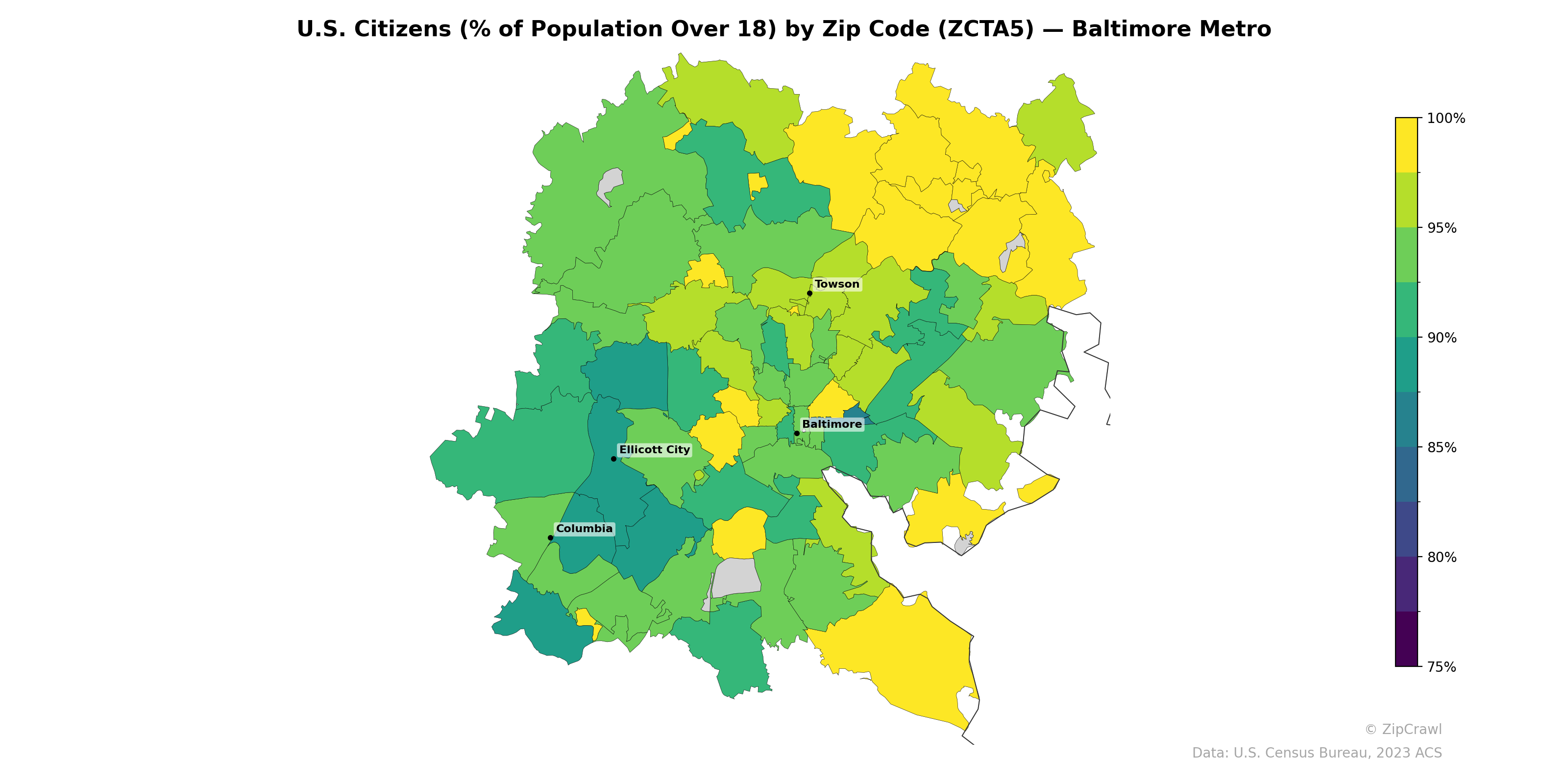 U.S. Citizens (% of Population Over 18) by Zip Code (ZCTA5) — Baltimore Metro