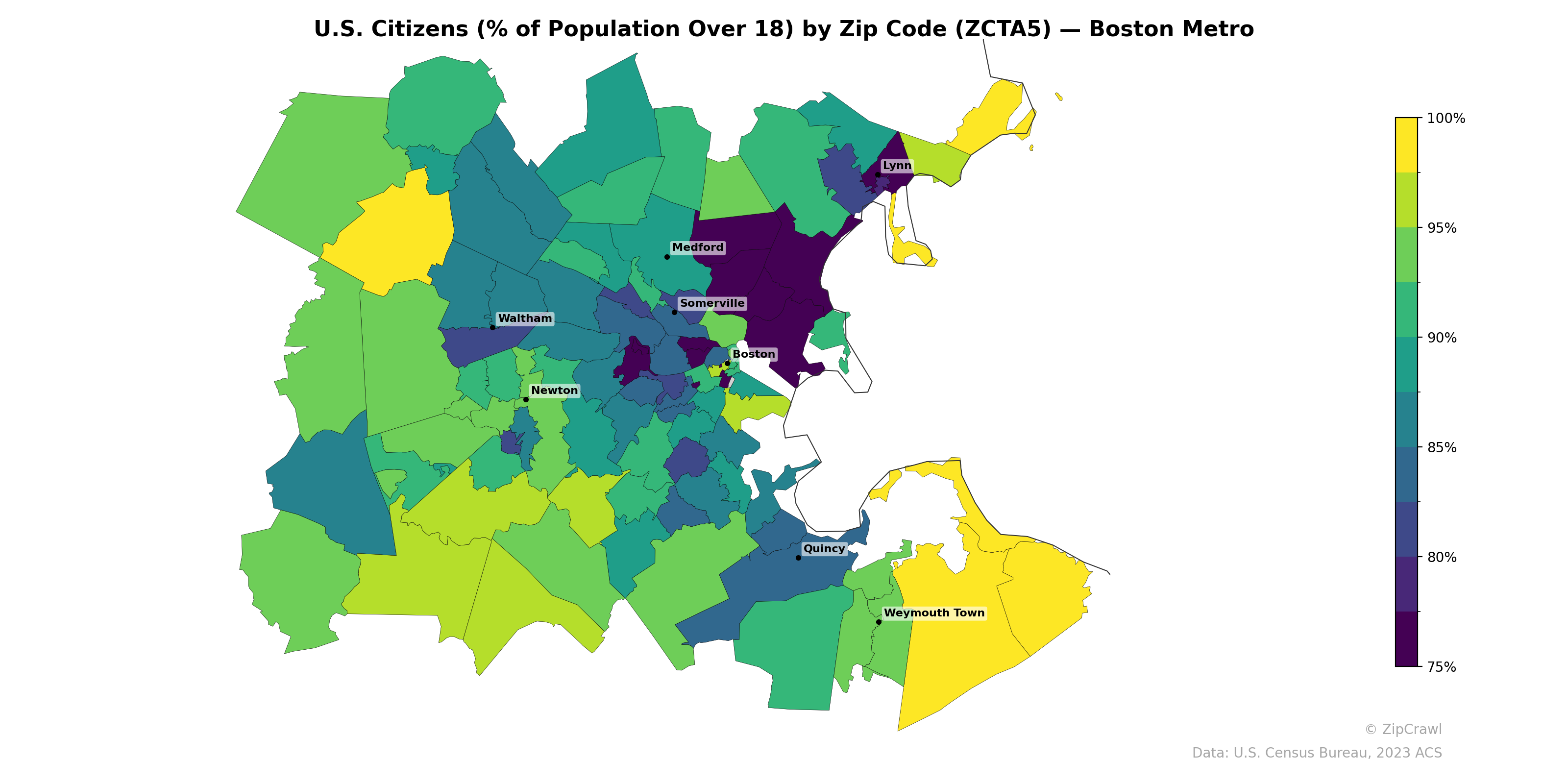 U.S. Citizens (% of Population Over 18) by Zip Code (ZCTA5) — Boston Metro
