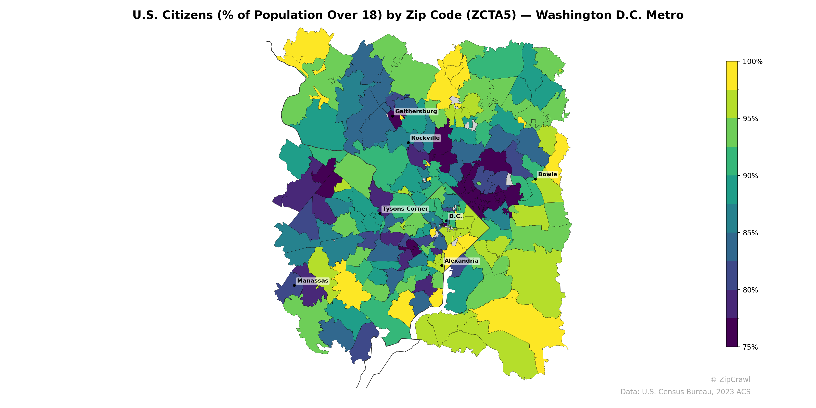U.S. Citizens (% of Population Over 18) by Zip Code (ZCTA5) — Washington D.C. Metro