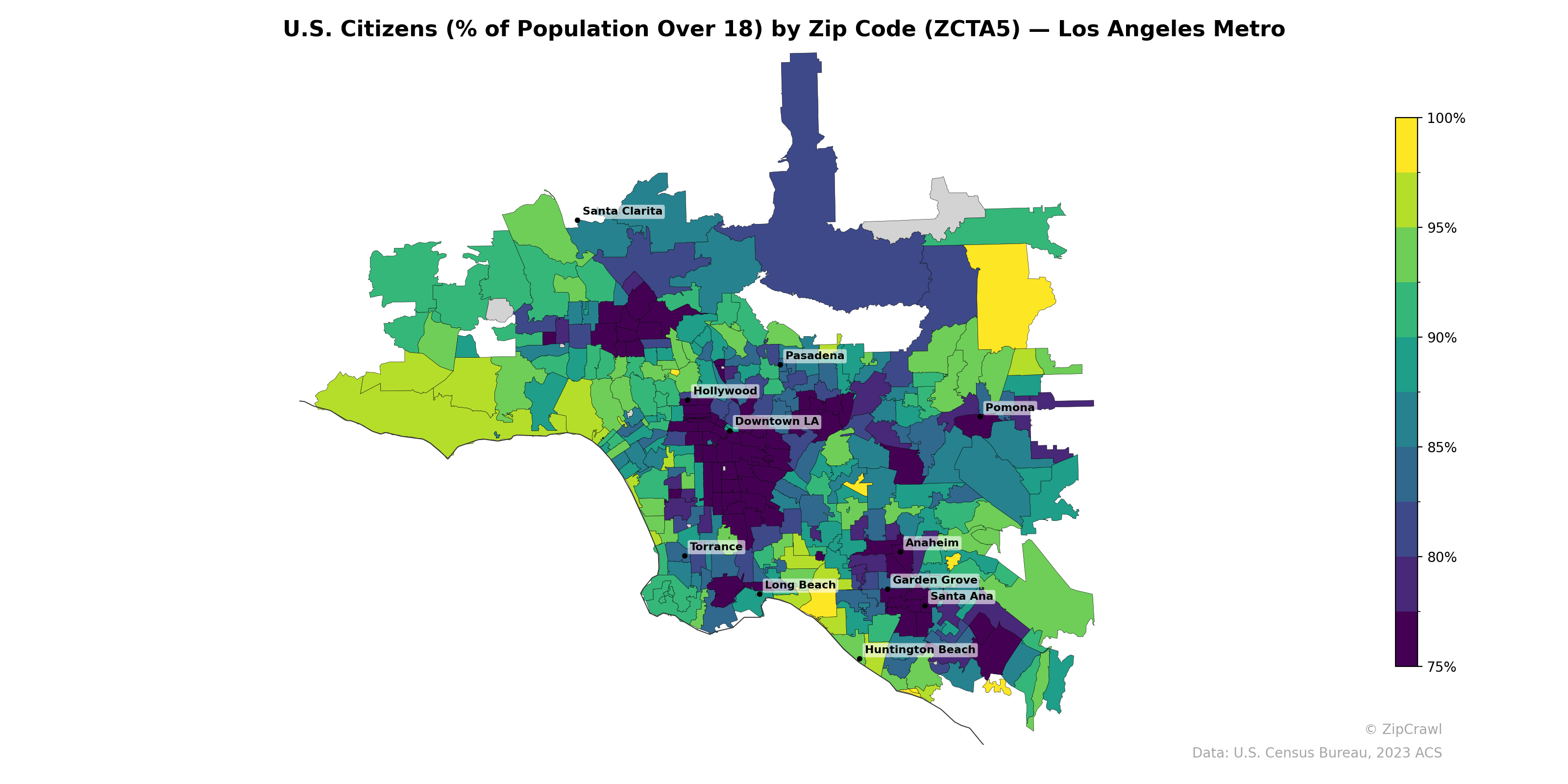 U.S. Citizens (% of Population Over 18) by Zip Code (ZCTA5) — Los Angeles Metro