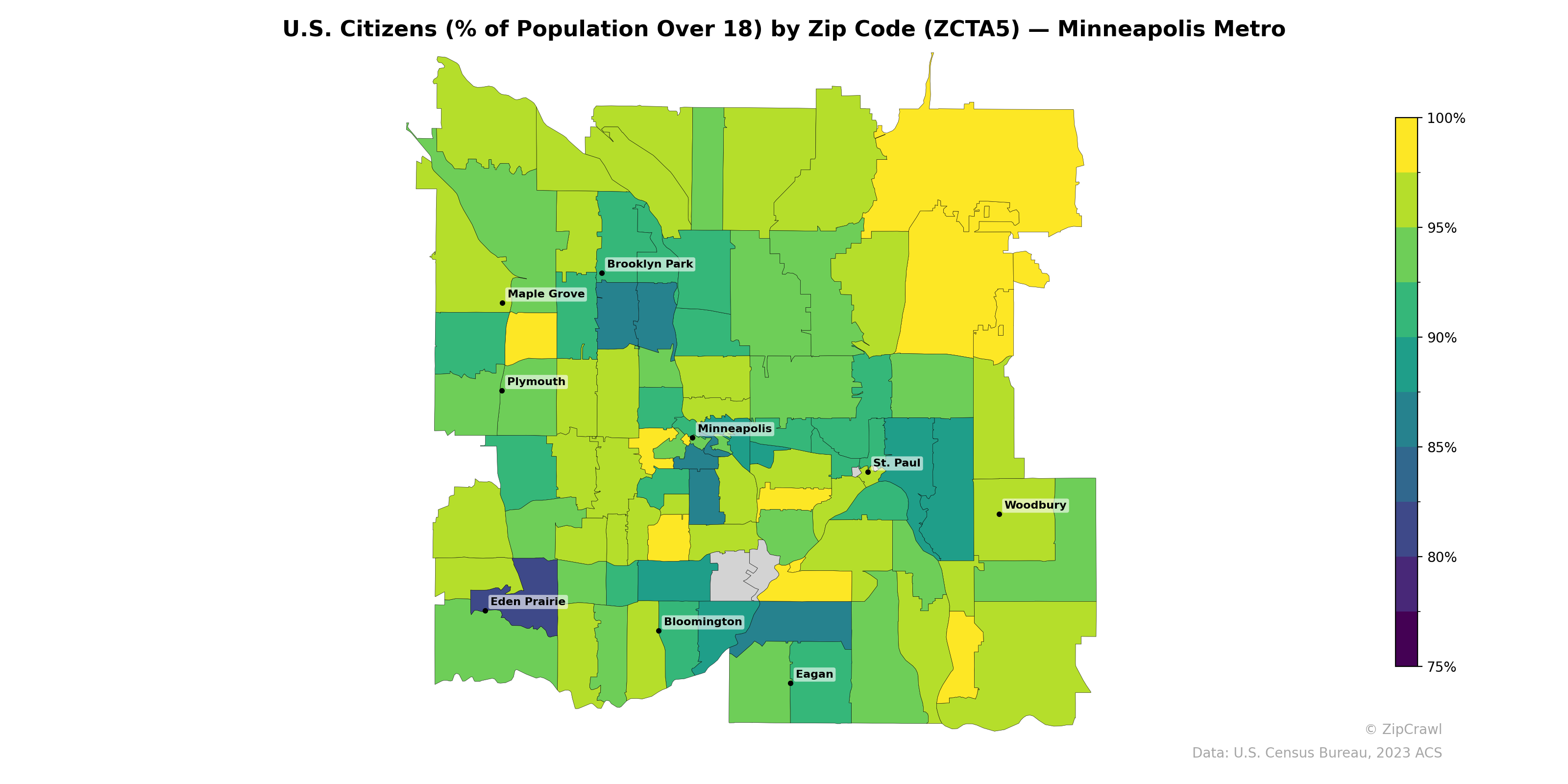 U.S. Citizens (% of Population Over 18) by Zip Code (ZCTA5) — Minneapolis Metro