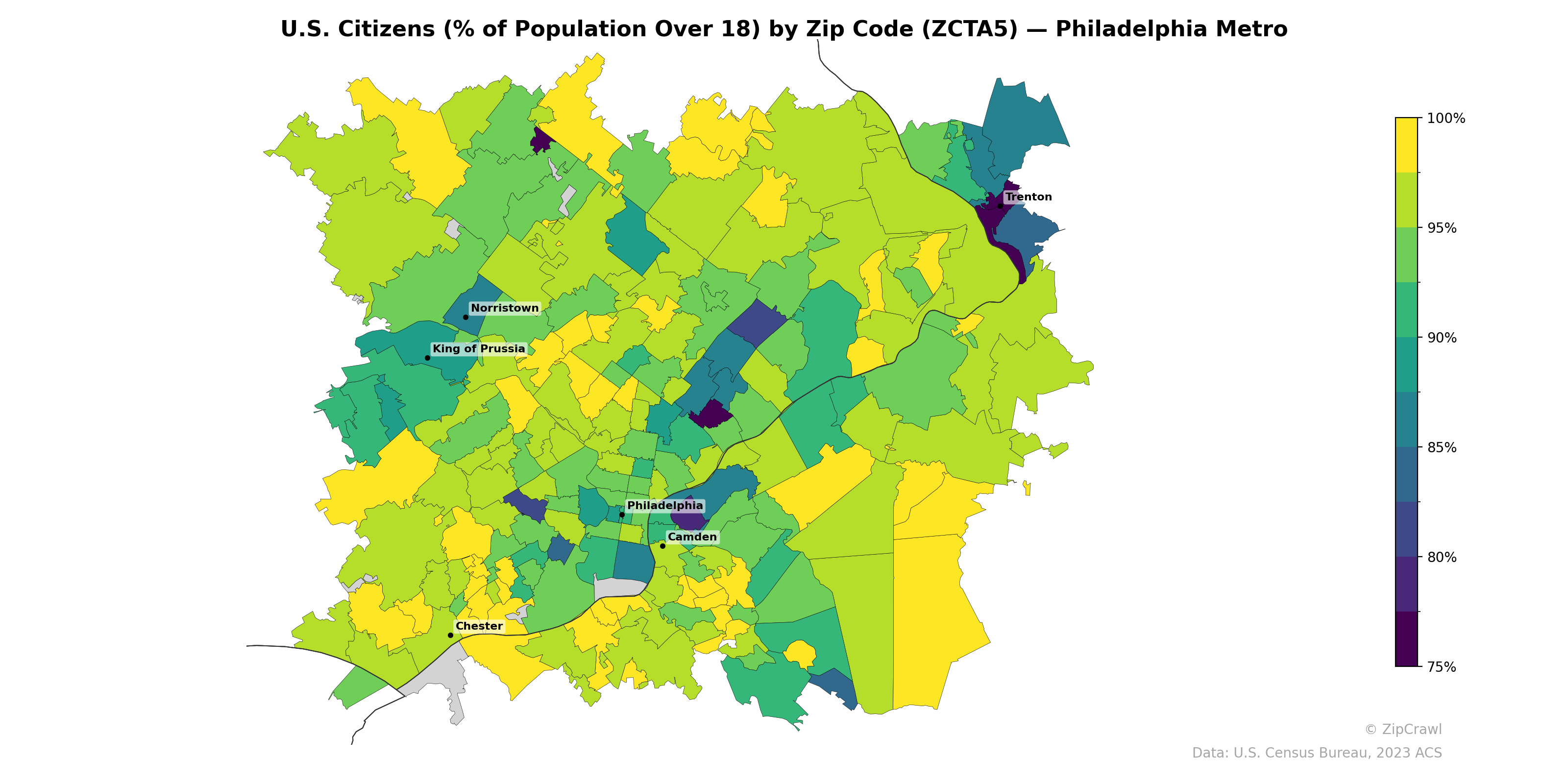 U.S. Citizens (% of Population Over 18) by Zip Code (ZCTA5) — Philadelphia Metro