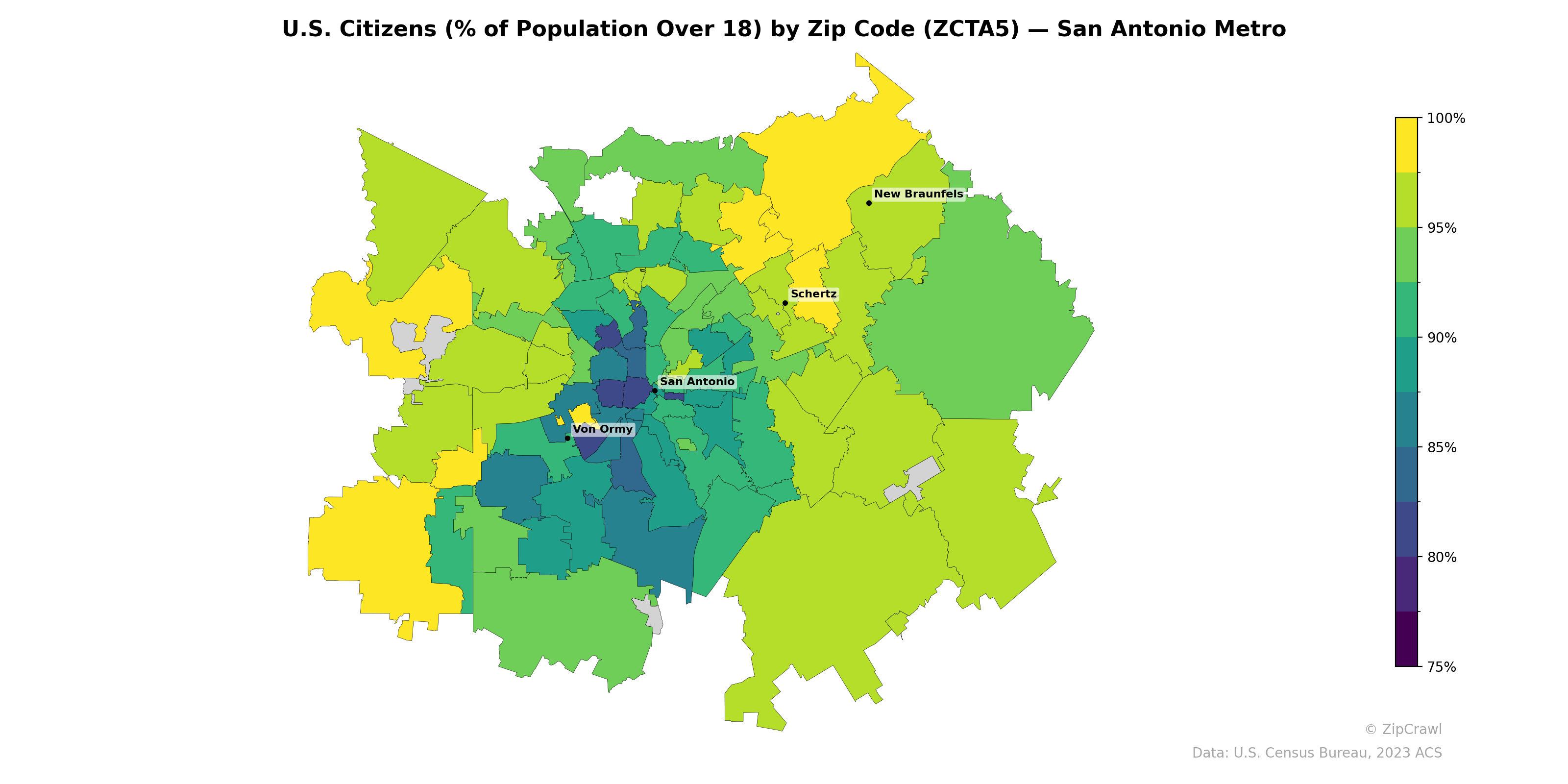 U.S. Citizens (% of Population Over 18) by Zip Code (ZCTA5) — San Antonio Metro