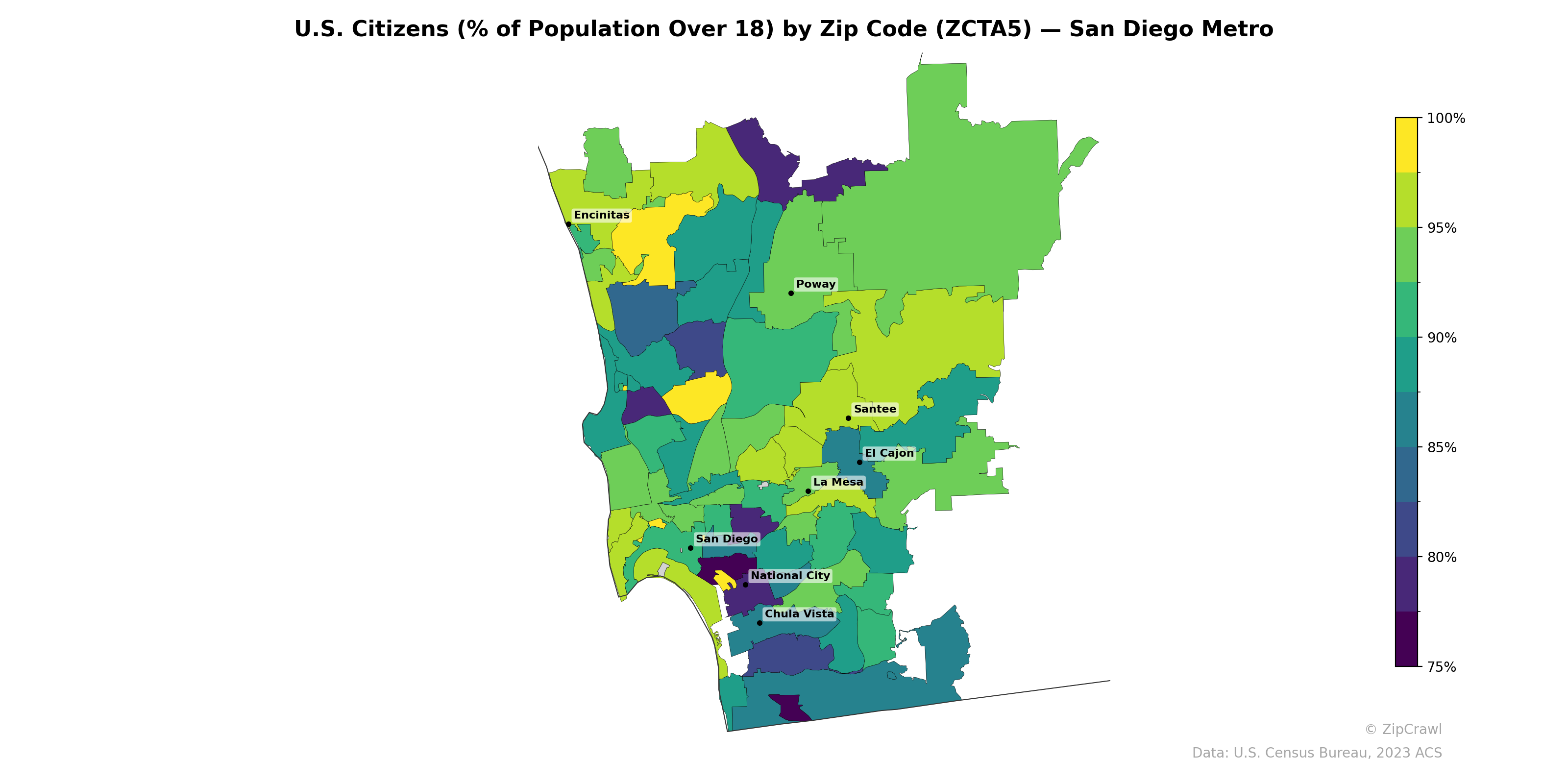 U.S. Citizens (% of Population Over 18) by Zip Code (ZCTA5) — San Diego Metro