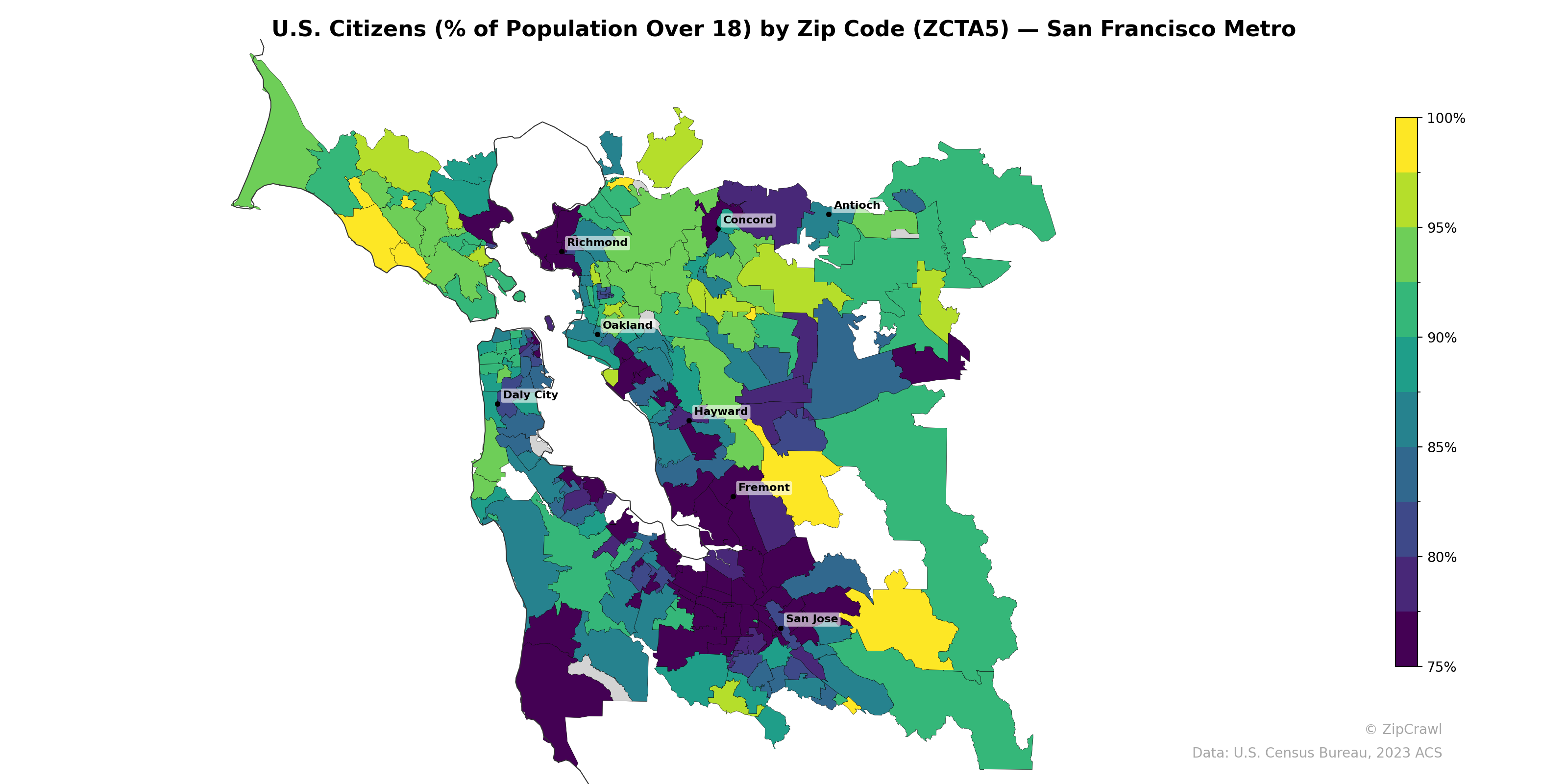U.S. Citizens (% of Population Over 18) by Zip Code (ZCTA5) — San Francisco Metro