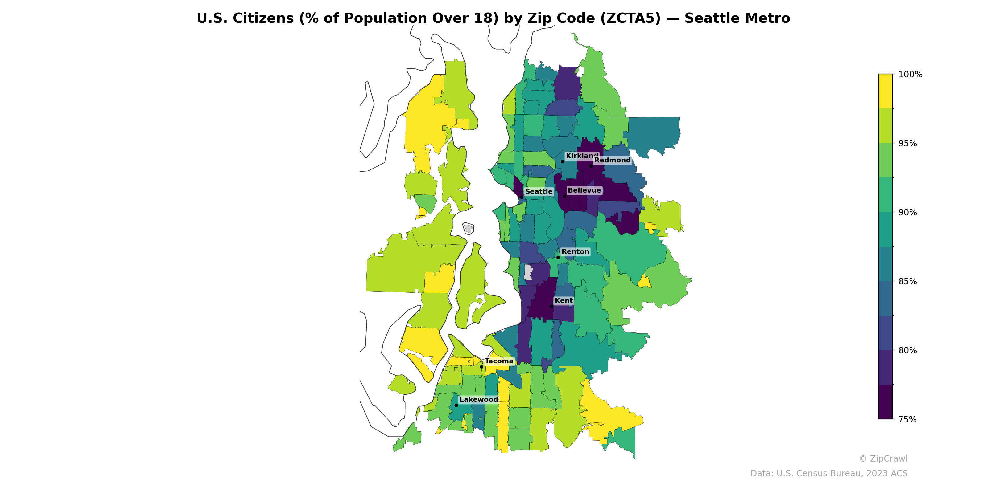 U.S. Citizens (% of Population Over 18) by Zip Code (ZCTA5) — Seattle Metro