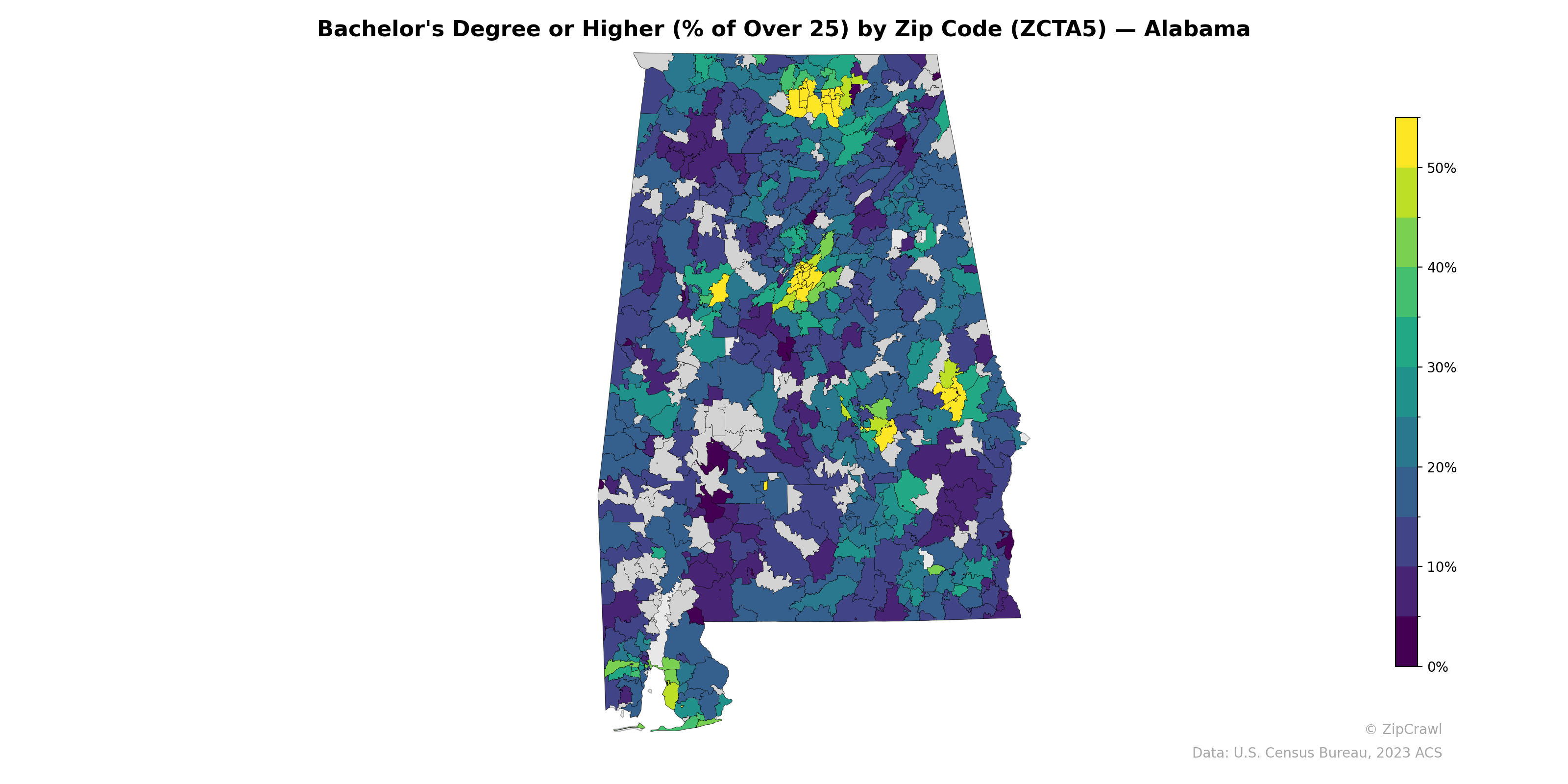 Bachelor's Degree or Higher (% of Over 25) by Zip Code (ZCTA5) — Alabama