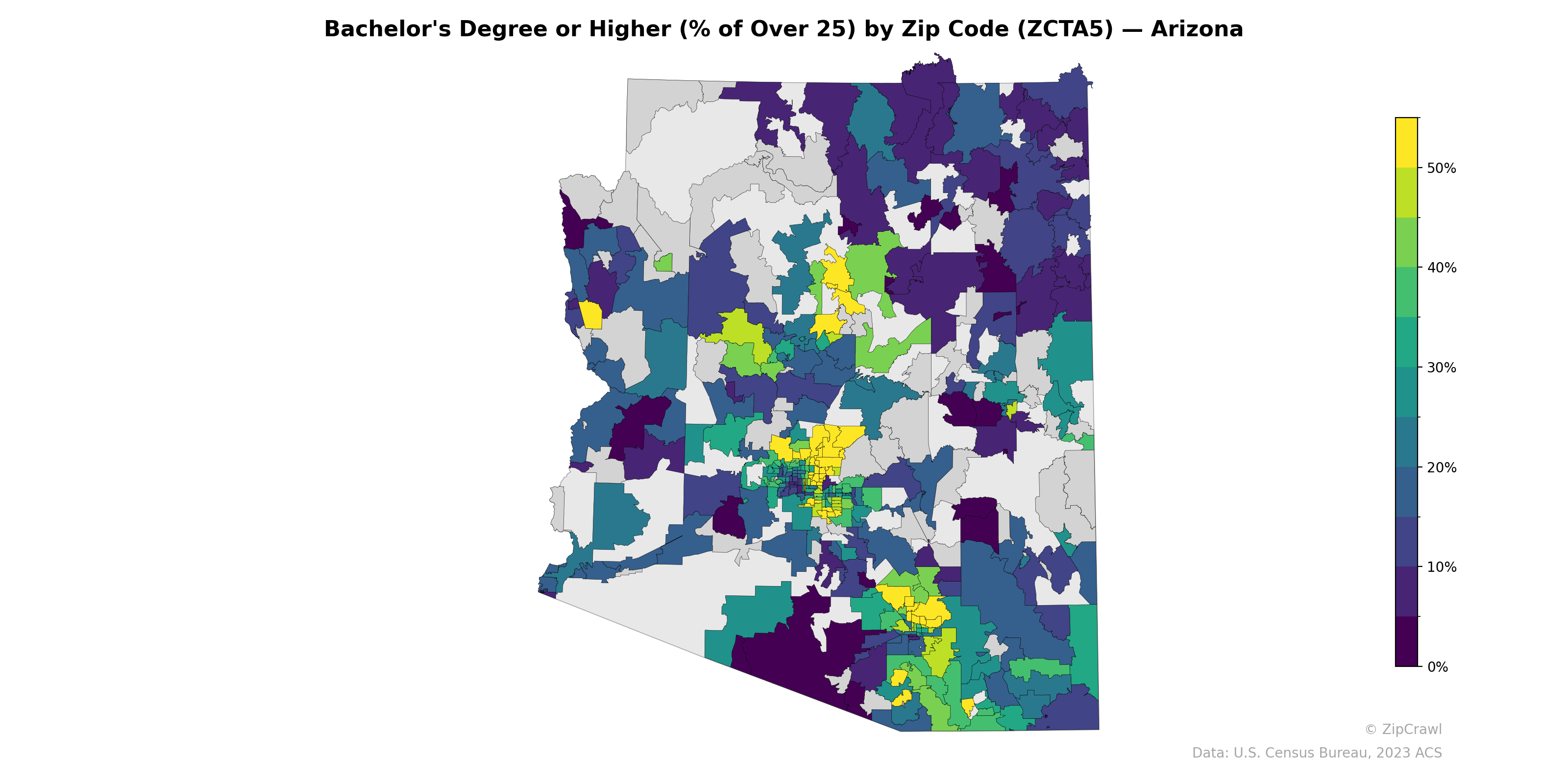 Bachelor's Degree or Higher (% of Over 25) by Zip Code (ZCTA5) — Arizona