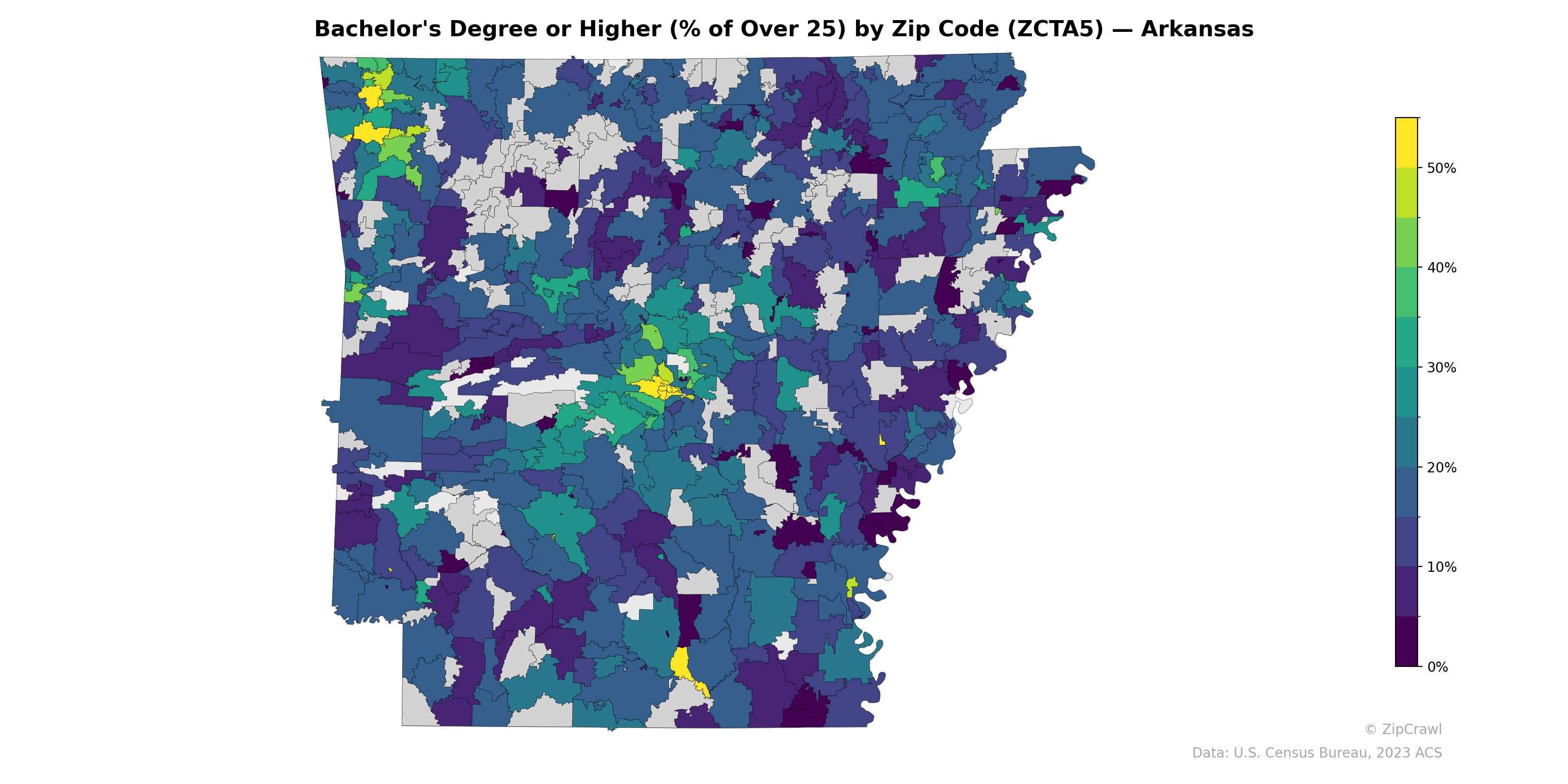 Bachelor's Degree or Higher (% of Over 25) by Zip Code (ZCTA5) — Arkansas