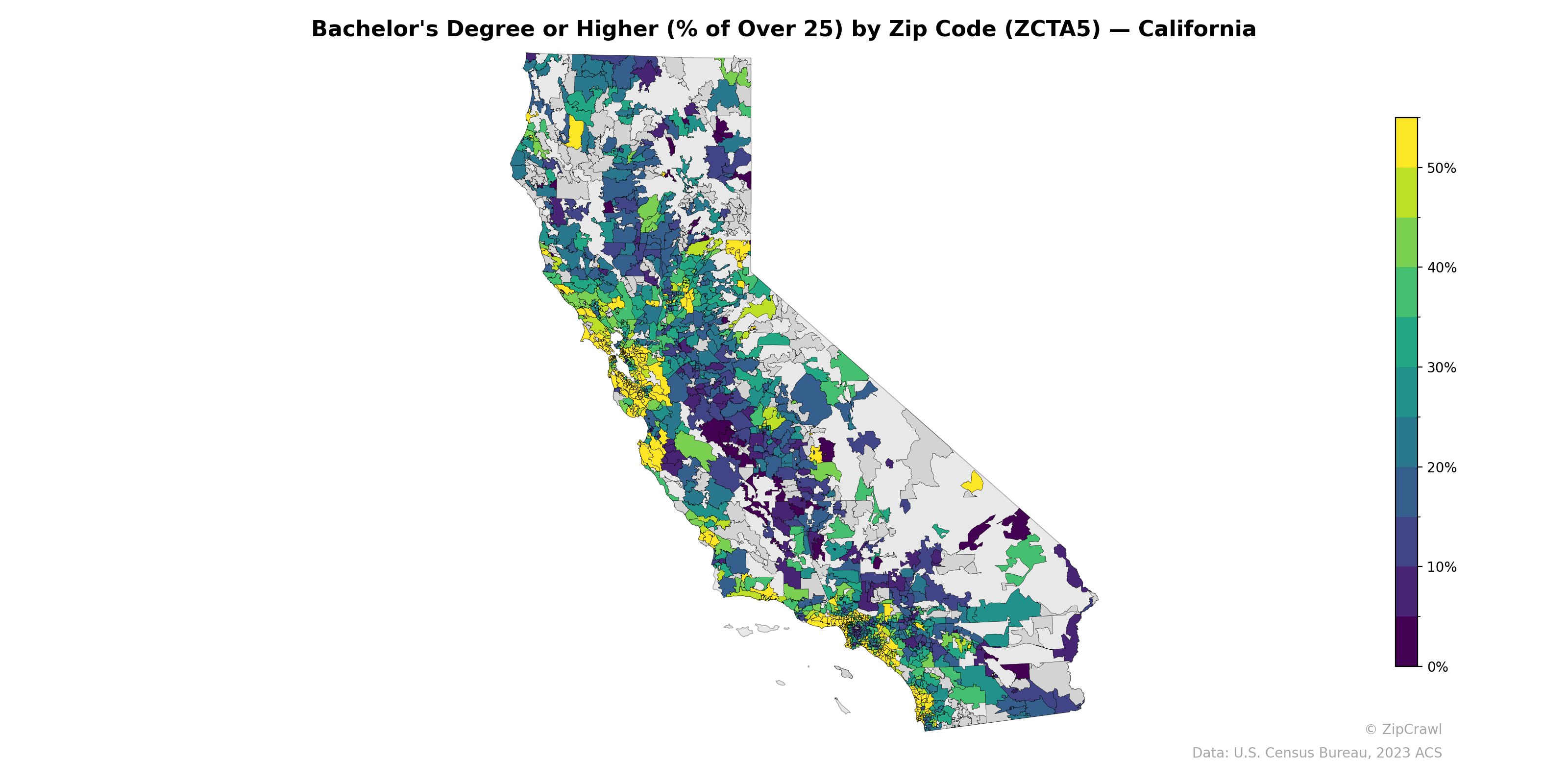 Bachelor's Degree or Higher (% of Over 25) by Zip Code (ZCTA5) — California