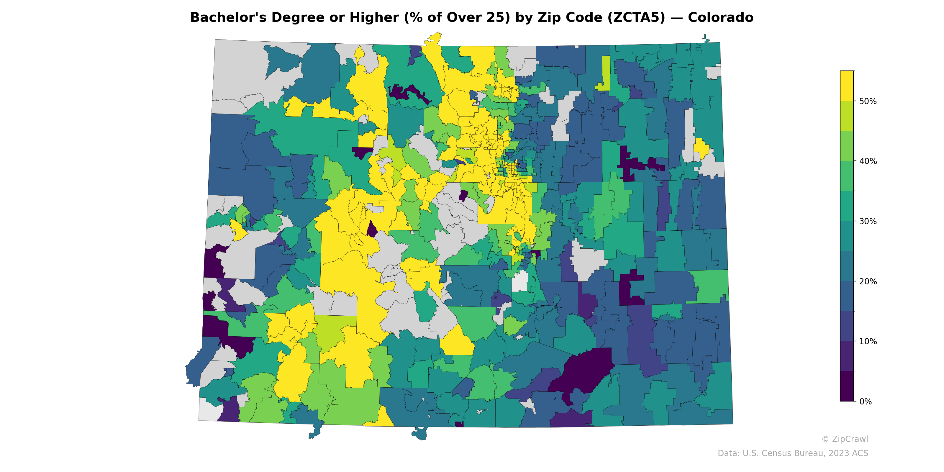 Bachelor's Degree or Higher (% of Over 25) by Zip Code (ZCTA5) — Colorado