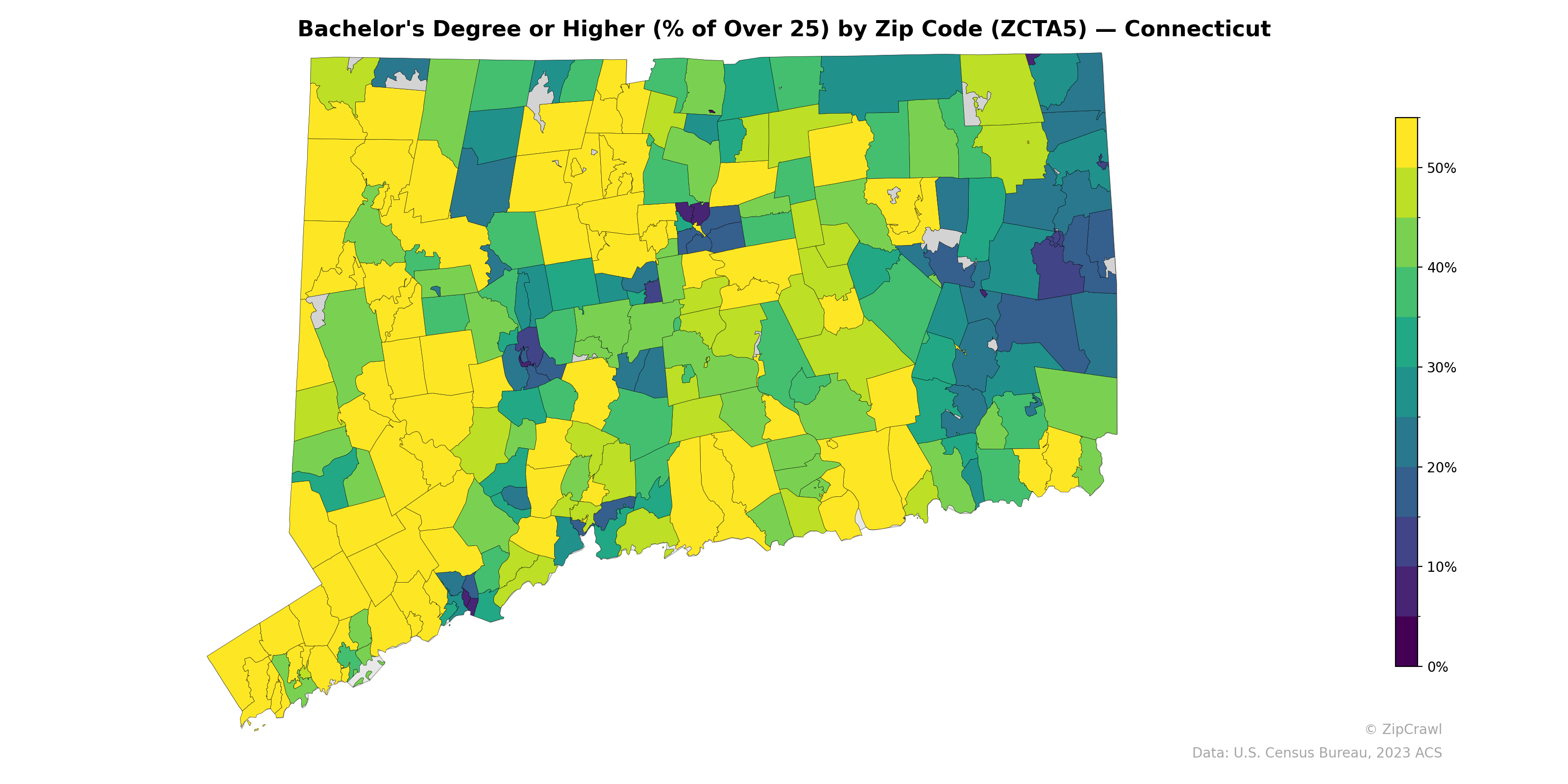 Bachelor's Degree or Higher (% of Over 25) by Zip Code (ZCTA5) — Connecticut