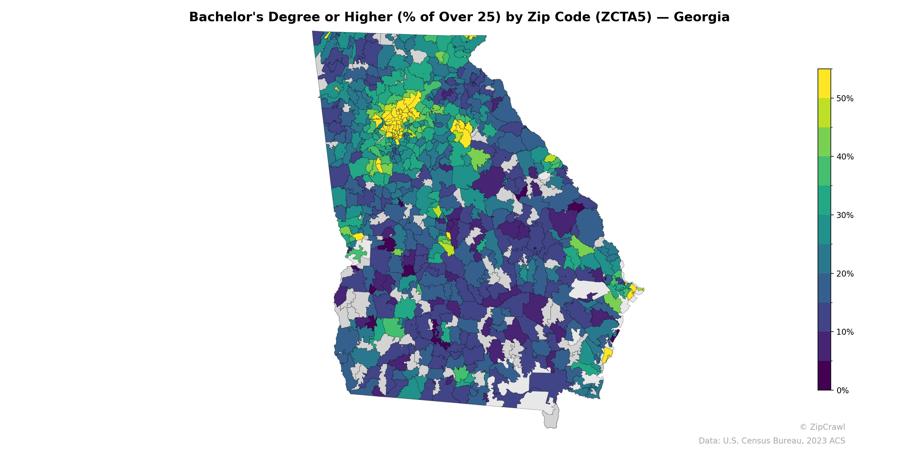 Bachelor's Degree or Higher (% of Over 25) by Zip Code (ZCTA5) — Georgia