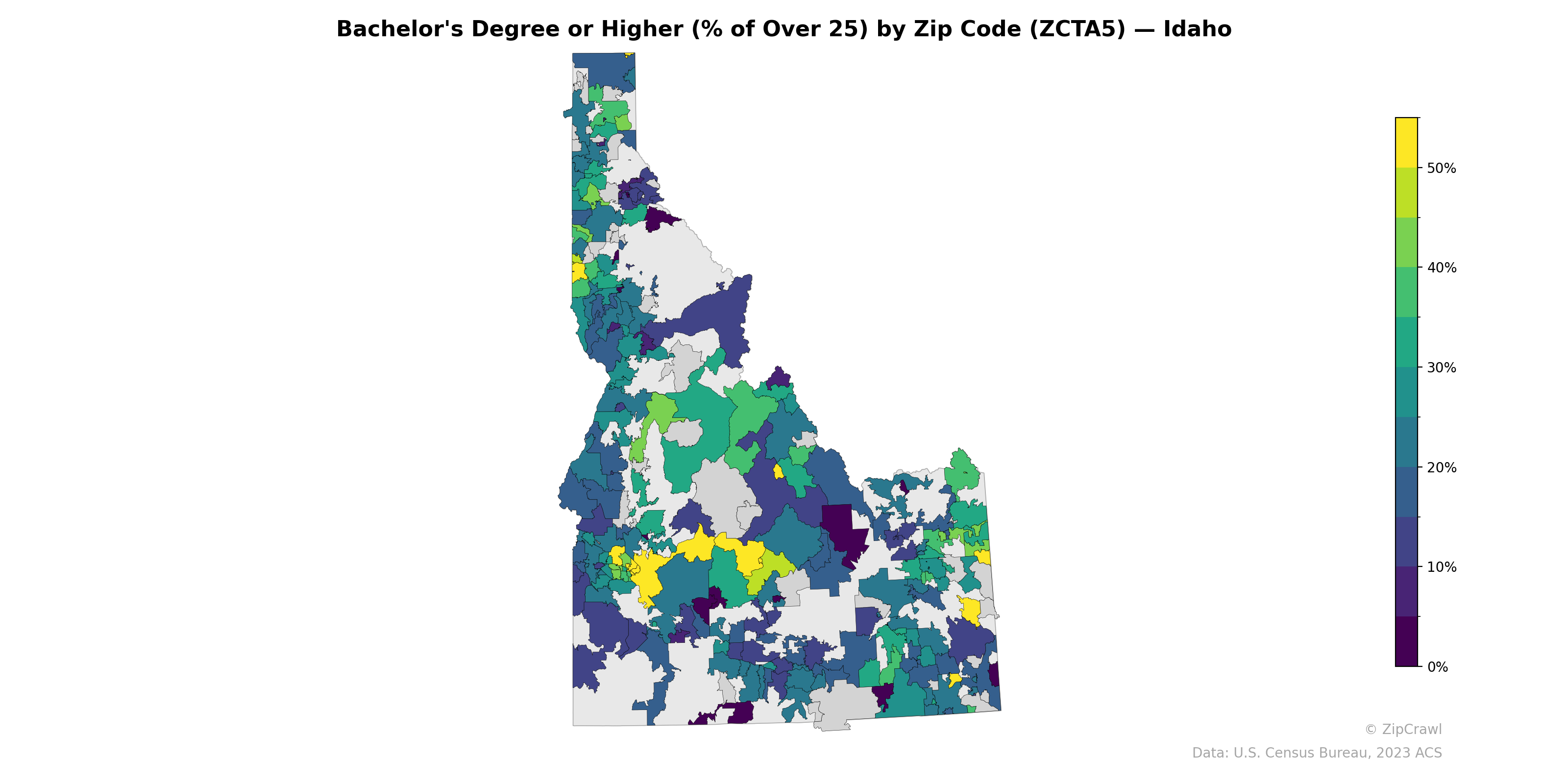 Bachelor's Degree or Higher (% of Over 25) by Zip Code (ZCTA5) — Idaho