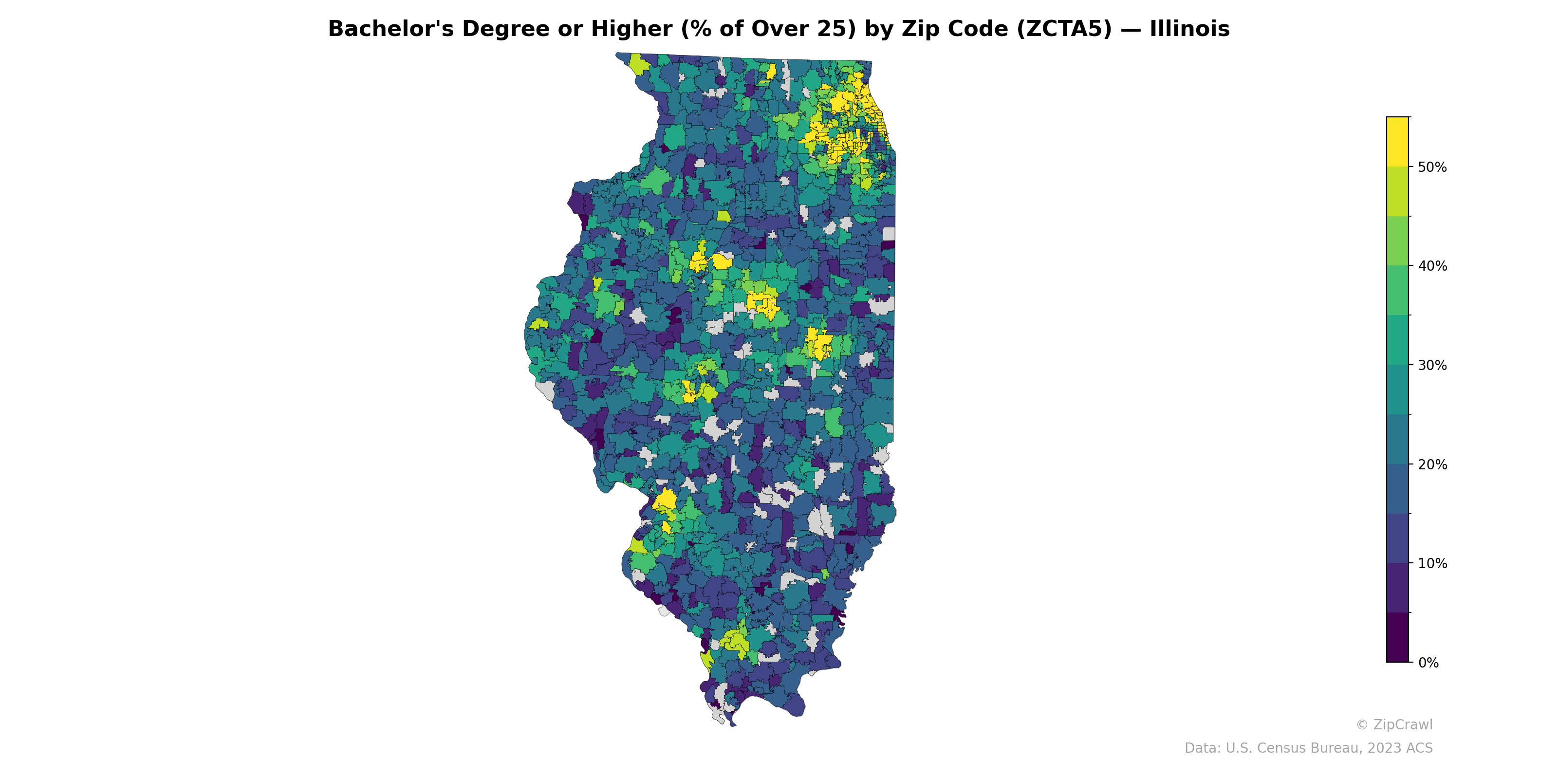 Bachelor's Degree or Higher (% of Over 25) by Zip Code (ZCTA5) — Illinois