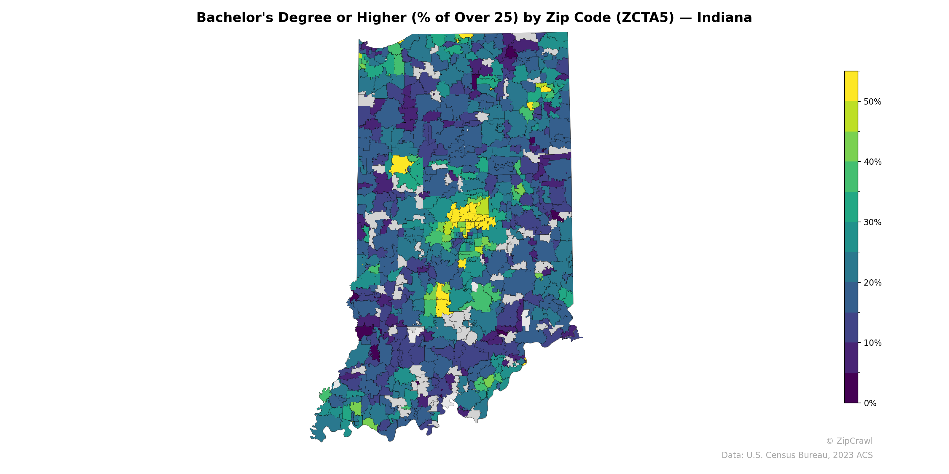 Bachelor's Degree or Higher (% of Over 25) by Zip Code (ZCTA5) — Indiana