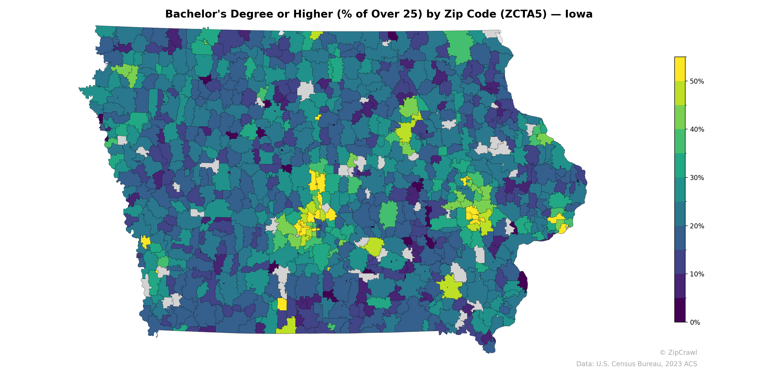 Bachelor's Degree or Higher (% of Over 25) by Zip Code (ZCTA5) — Iowa