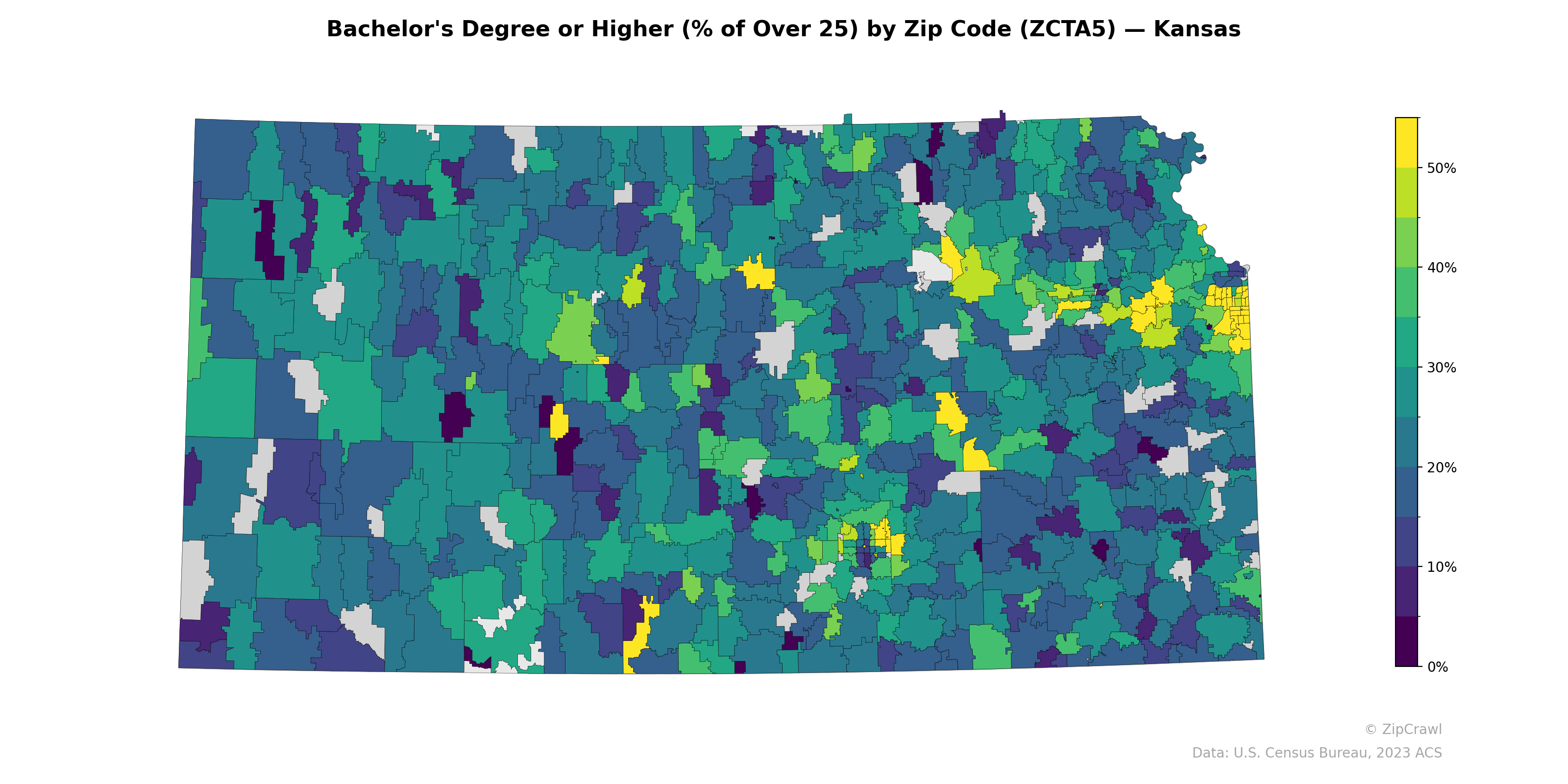 Bachelor's Degree or Higher (% of Over 25) by Zip Code (ZCTA5) — Kansas