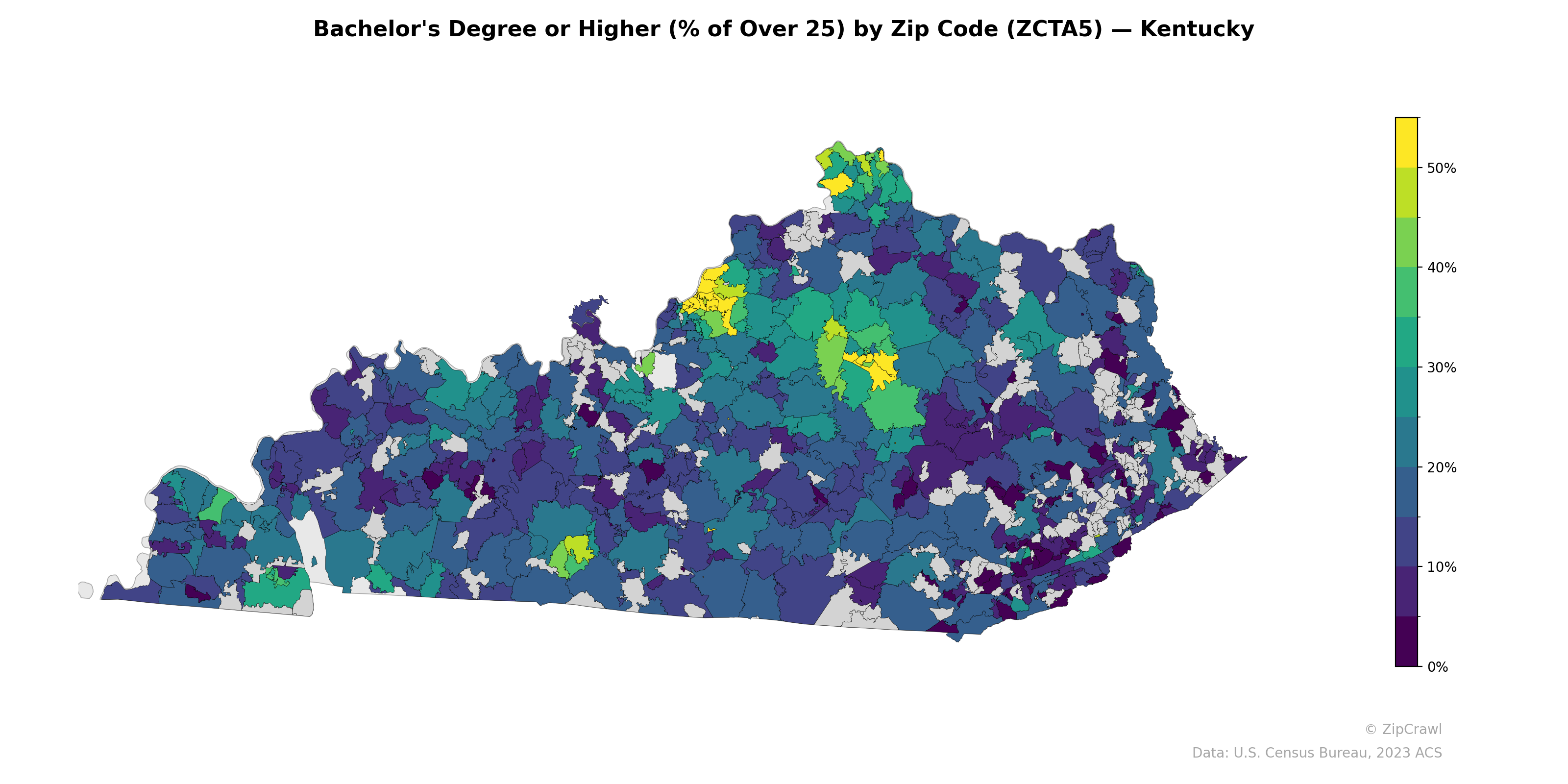 Bachelor's Degree or Higher (% of Over 25) by Zip Code (ZCTA5) — Kentucky