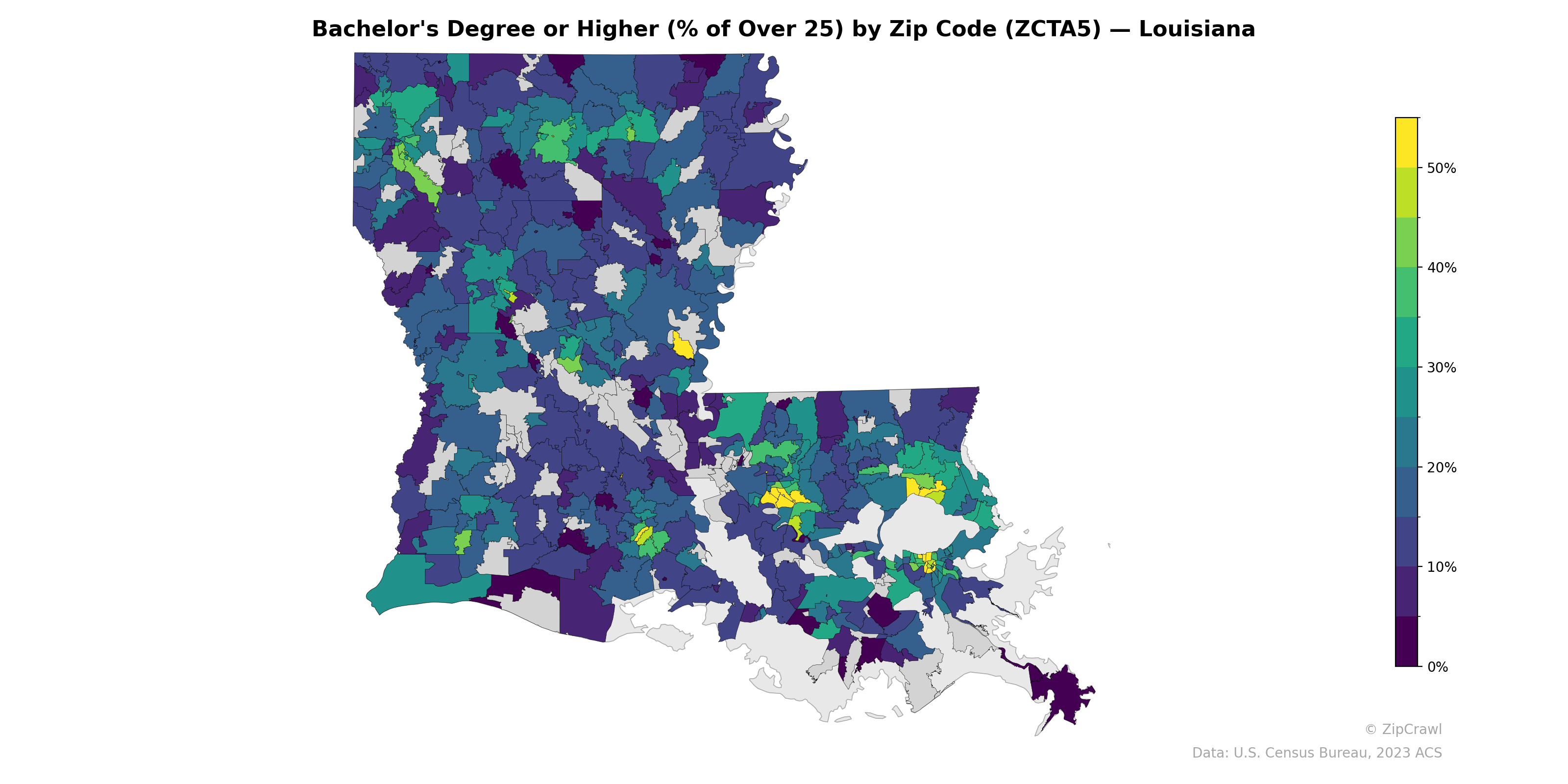 Bachelor's Degree or Higher (% of Over 25) by Zip Code (ZCTA5) — Louisiana