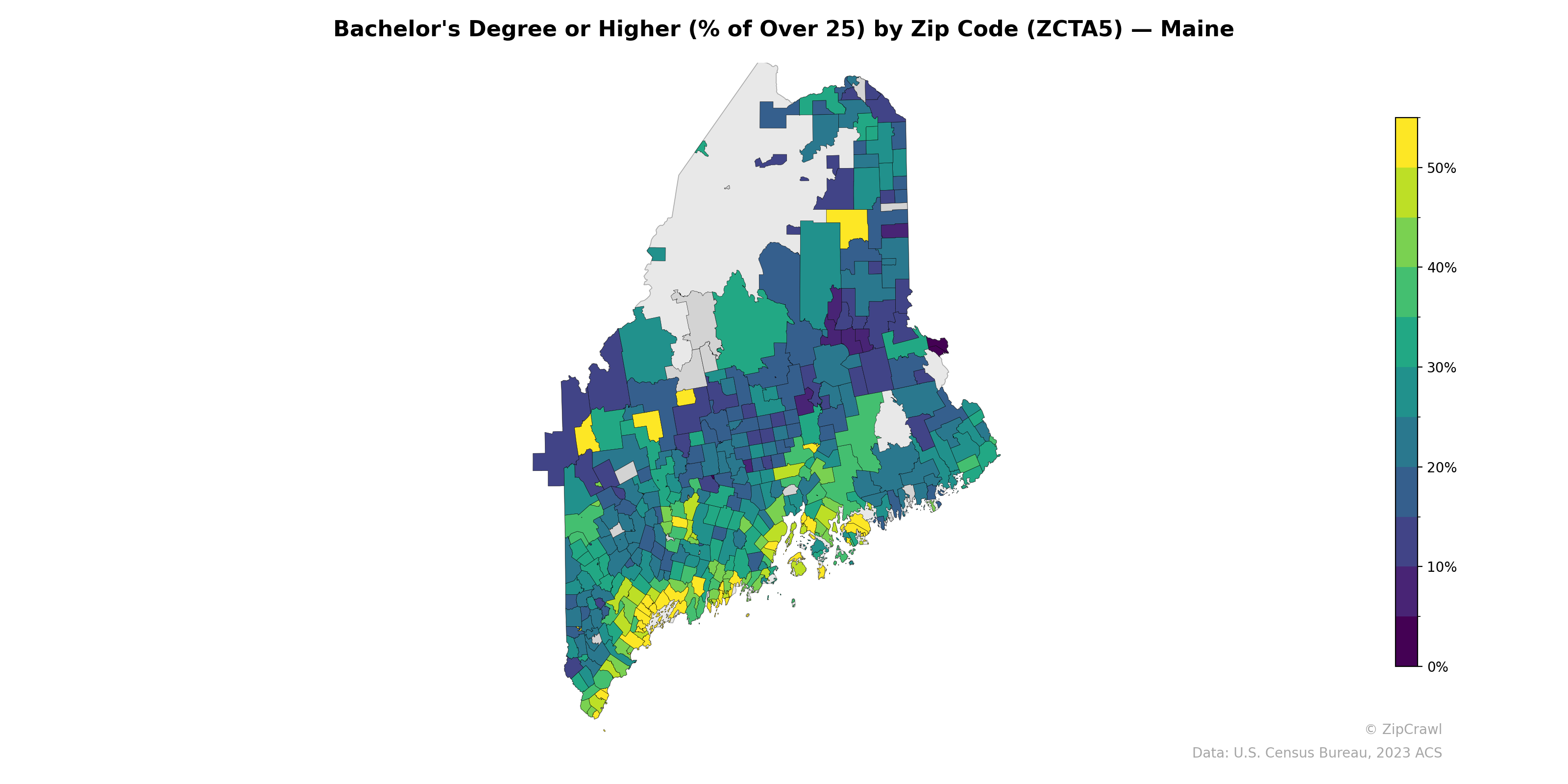 Bachelor's Degree or Higher (% of Over 25) by Zip Code (ZCTA5) — Maine
