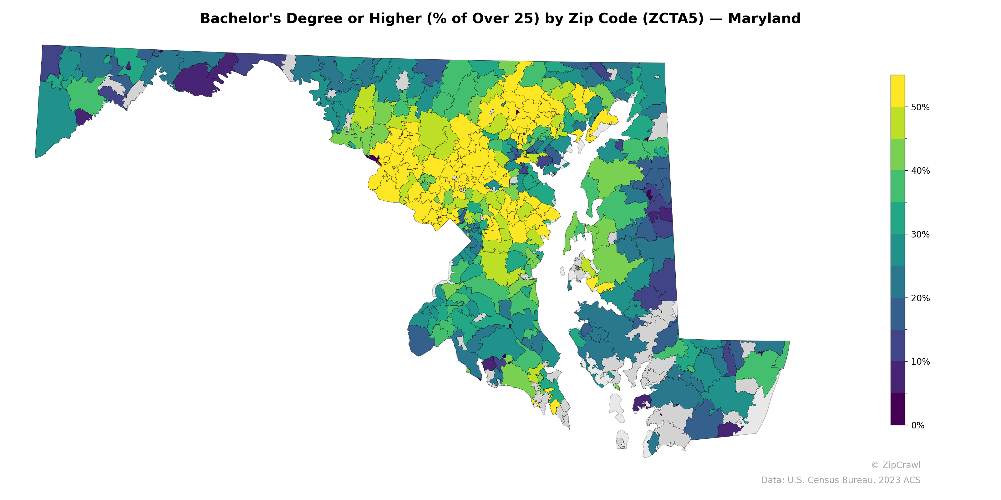 Bachelor's Degree or Higher (% of Over 25) by Zip Code (ZCTA5) — Maryland