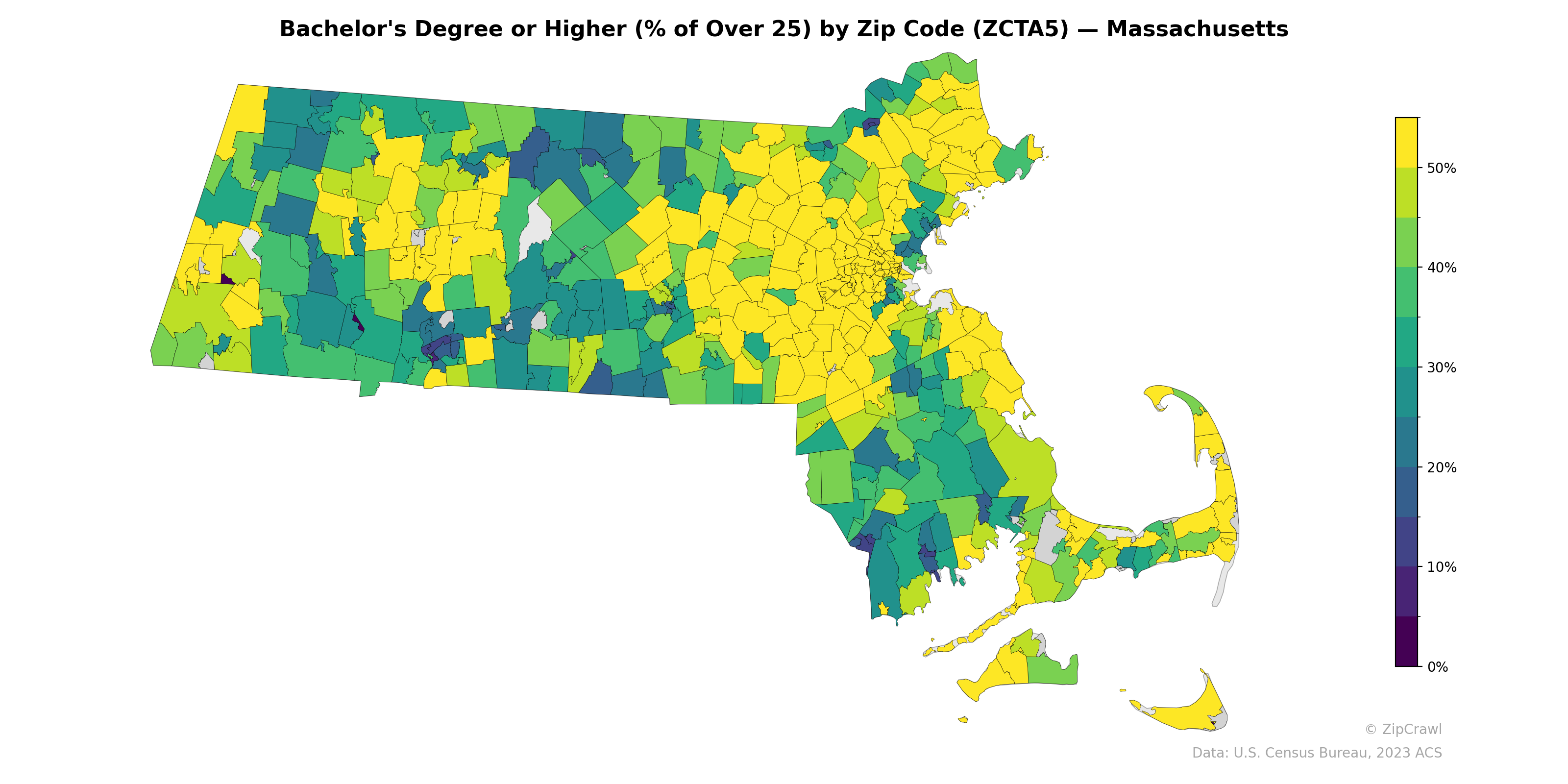 Bachelor's Degree or Higher (% of Over 25) by Zip Code (ZCTA5) — Massachusetts