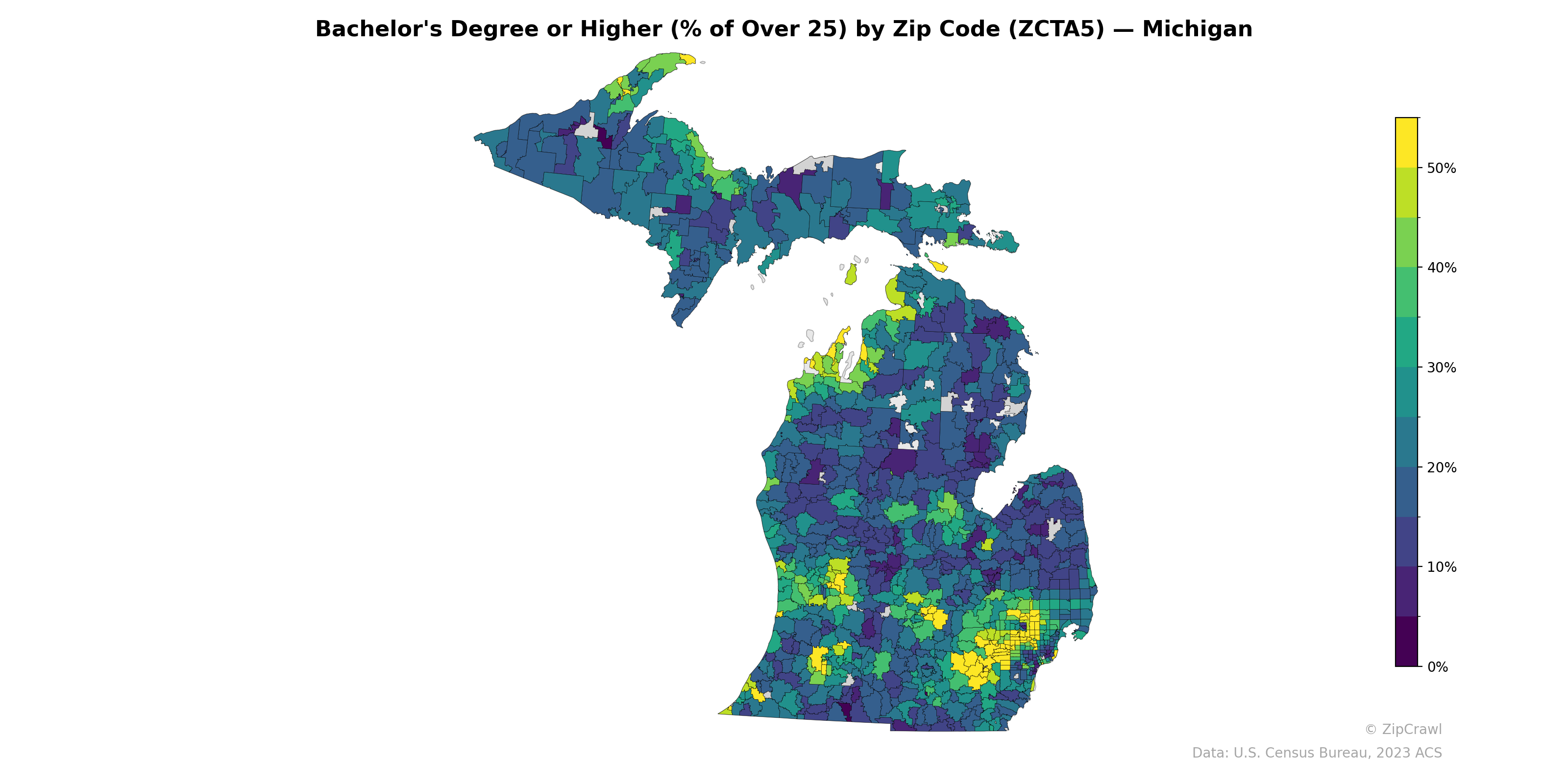 Bachelor's Degree or Higher (% of Over 25) by Zip Code (ZCTA5) — Michigan