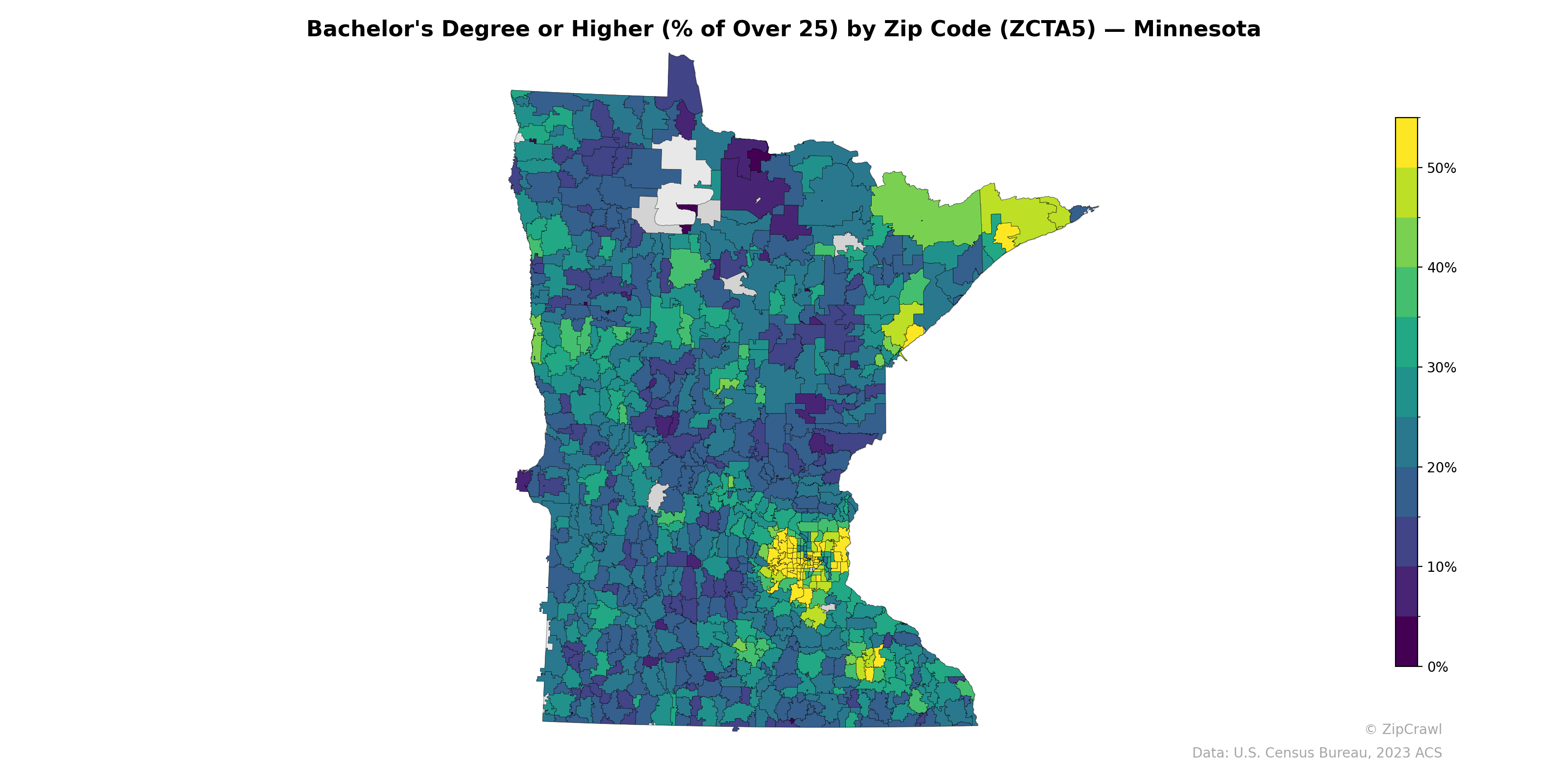 Bachelor's Degree or Higher (% of Over 25) by Zip Code (ZCTA5) — Minnesota
