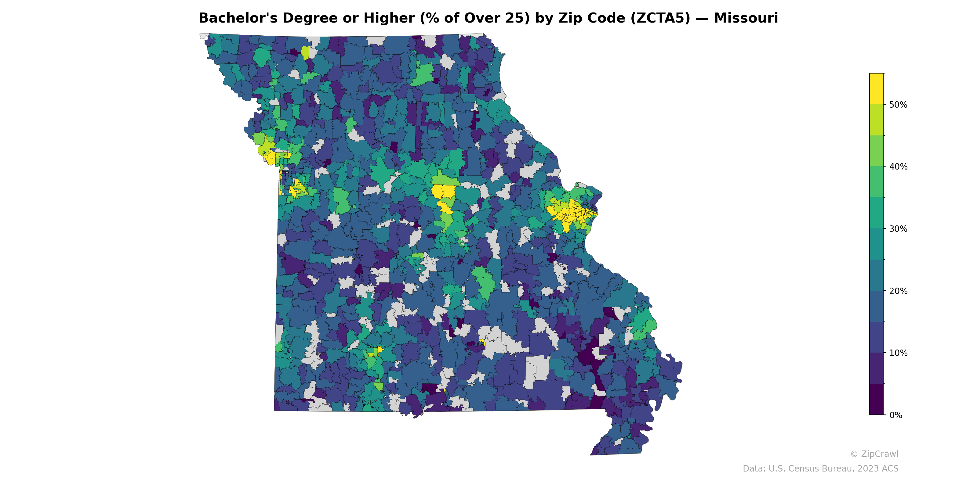 Bachelor's Degree or Higher (% of Over 25) by Zip Code (ZCTA5) — Missouri