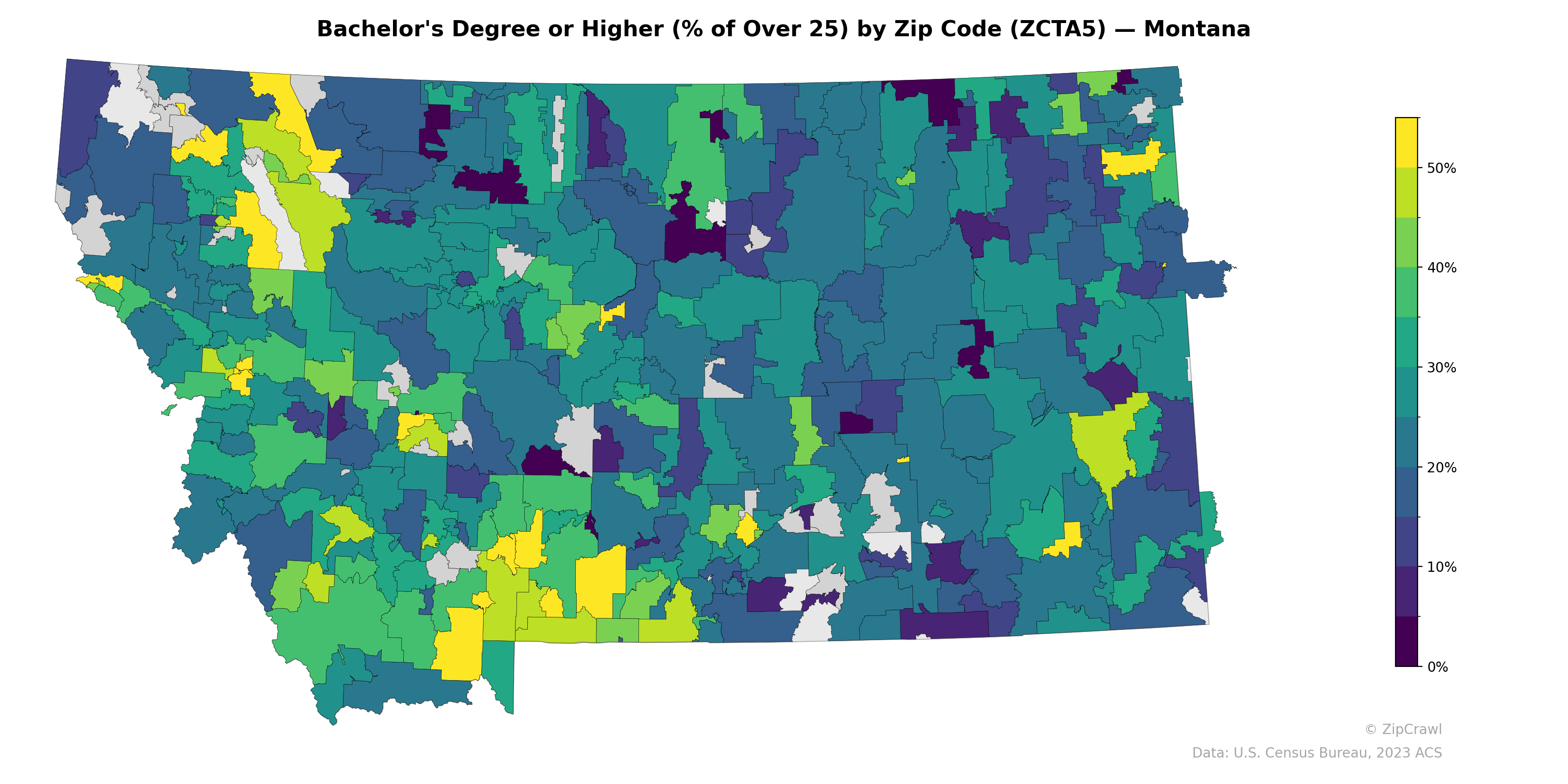 Bachelor's Degree or Higher (% of Over 25) by Zip Code (ZCTA5) — Montana