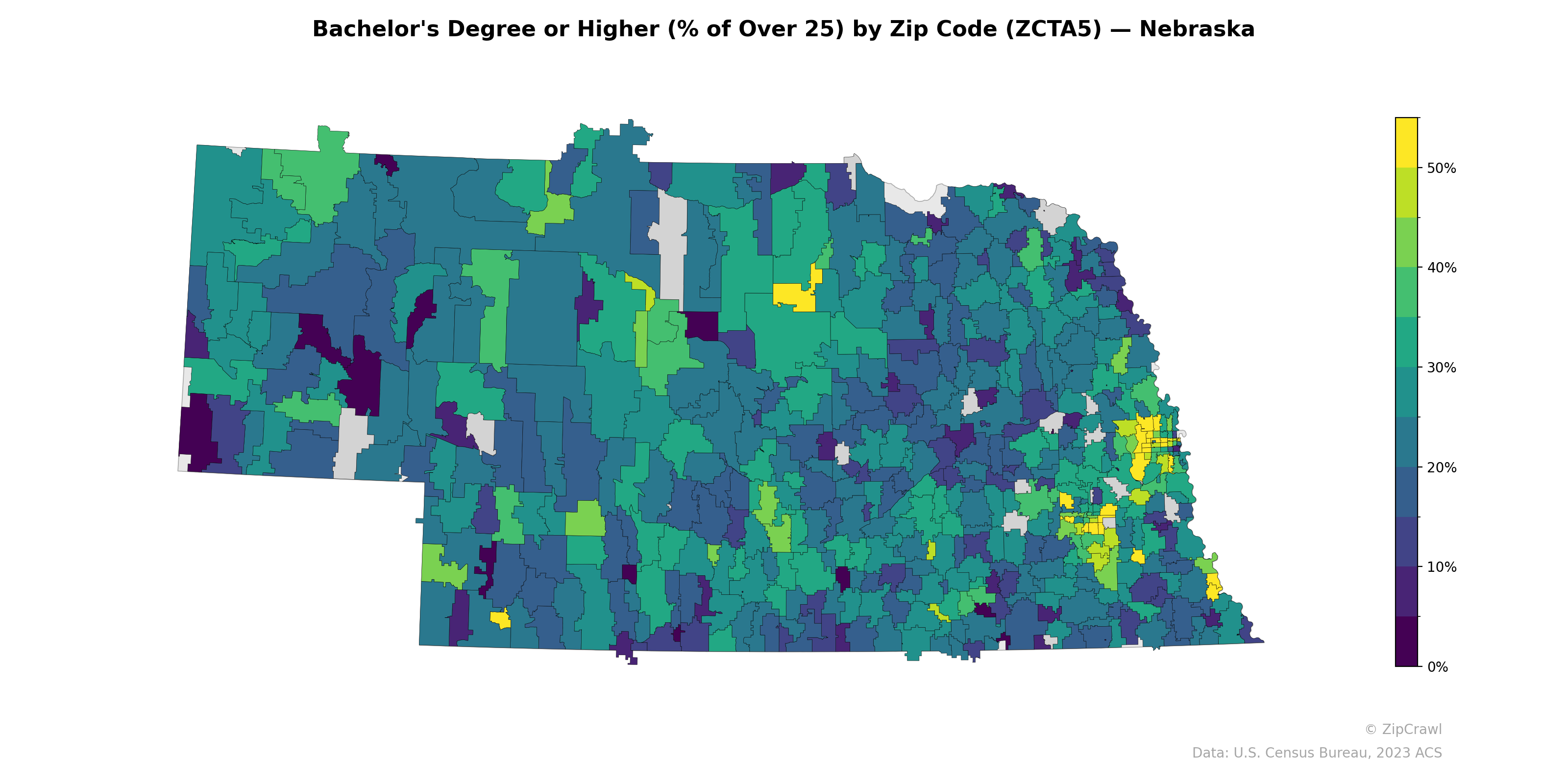 Bachelor's Degree or Higher (% of Over 25) by Zip Code (ZCTA5) — Nebraska