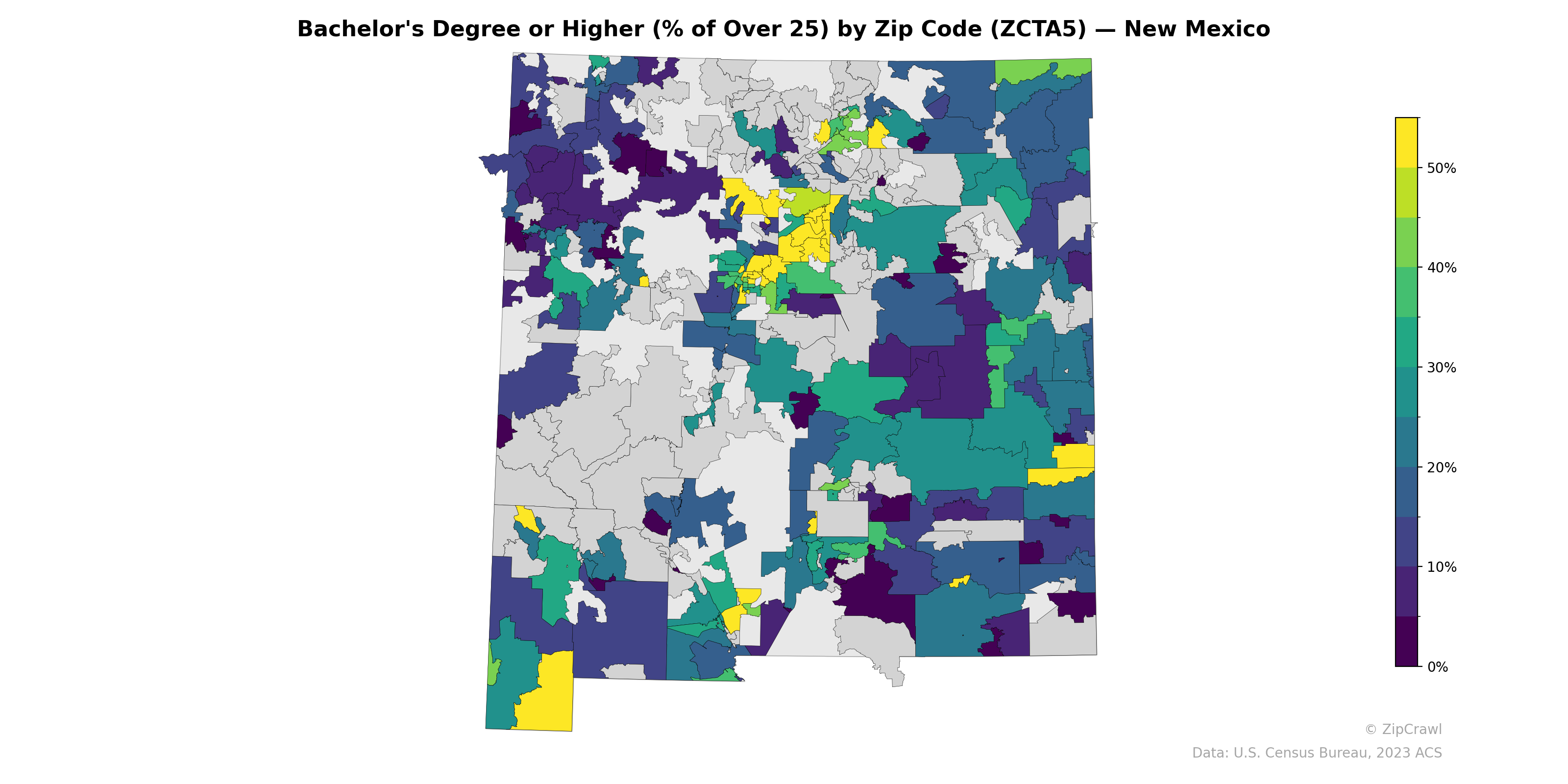 Bachelor's Degree or Higher (% of Over 25) by Zip Code (ZCTA5) — New Mexico