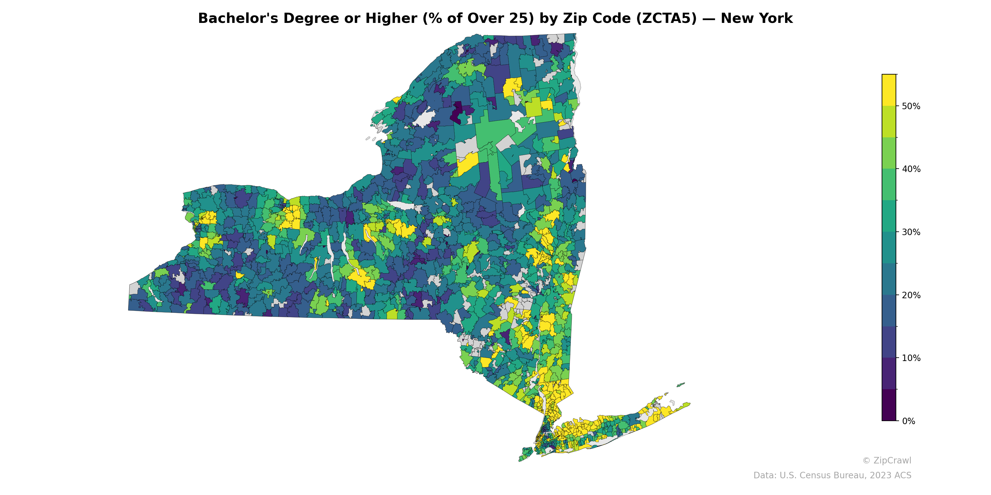 Bachelor's Degree or Higher (% of Over 25) by Zip Code (ZCTA5) — New York