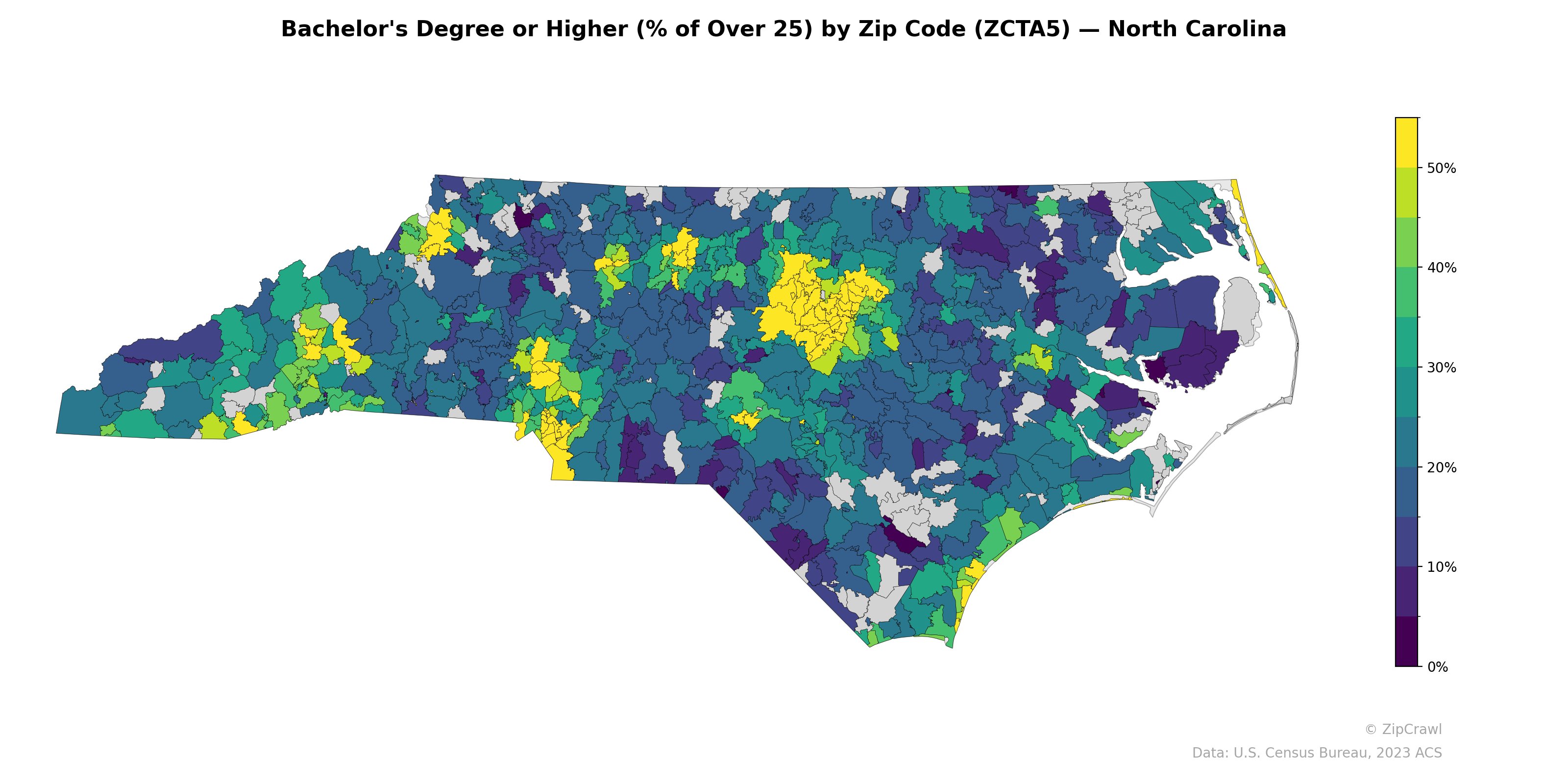 Bachelor's Degree or Higher (% of Over 25) by Zip Code (ZCTA5) — North Carolina