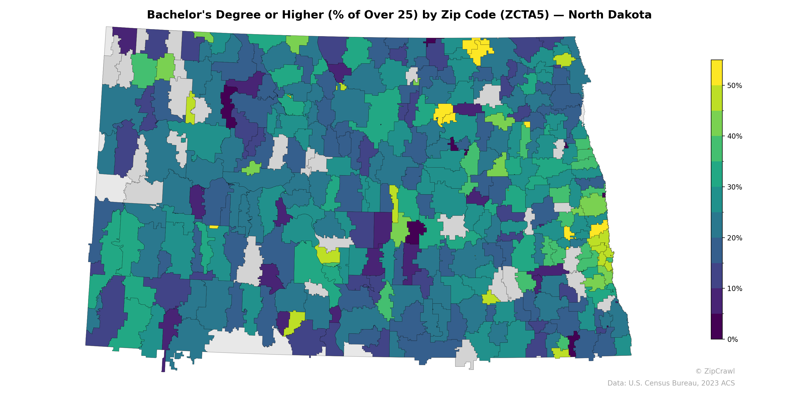 Bachelor's Degree or Higher (% of Over 25) by Zip Code (ZCTA5) — North Dakota
