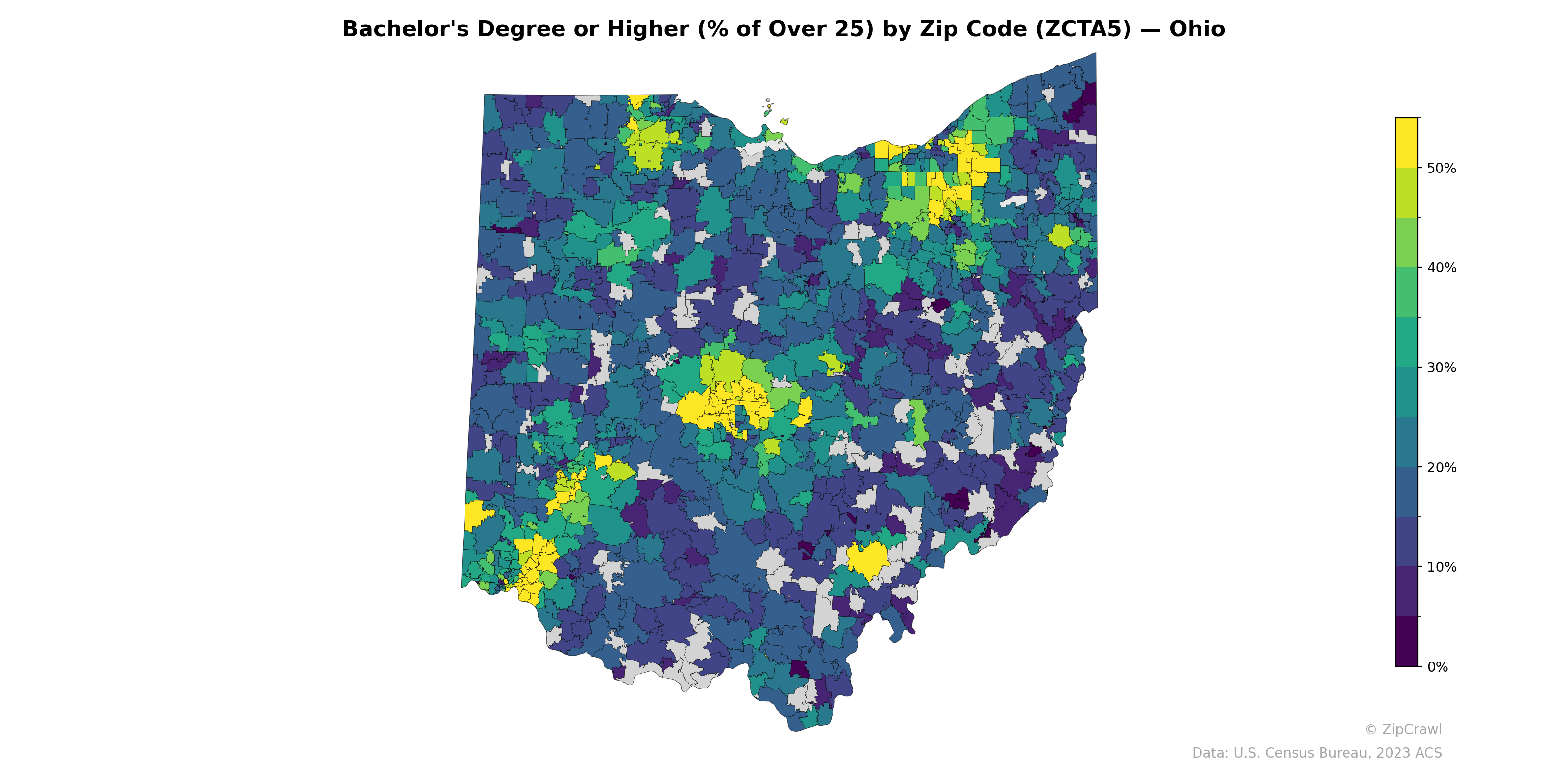 Bachelor's Degree or Higher (% of Over 25) by Zip Code (ZCTA5) — Ohio