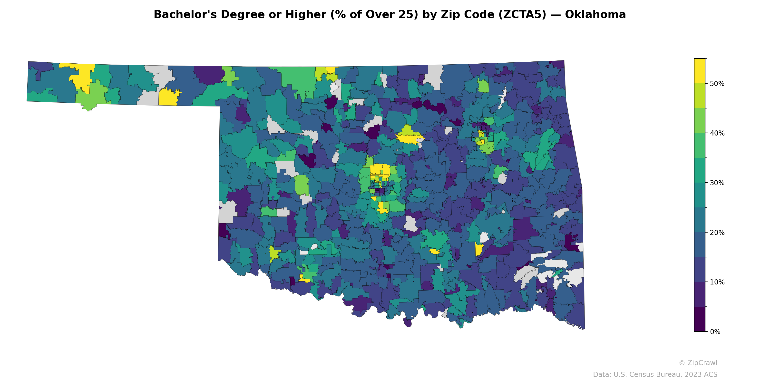 Bachelor's Degree or Higher (% of Over 25) by Zip Code (ZCTA5) — Oklahoma