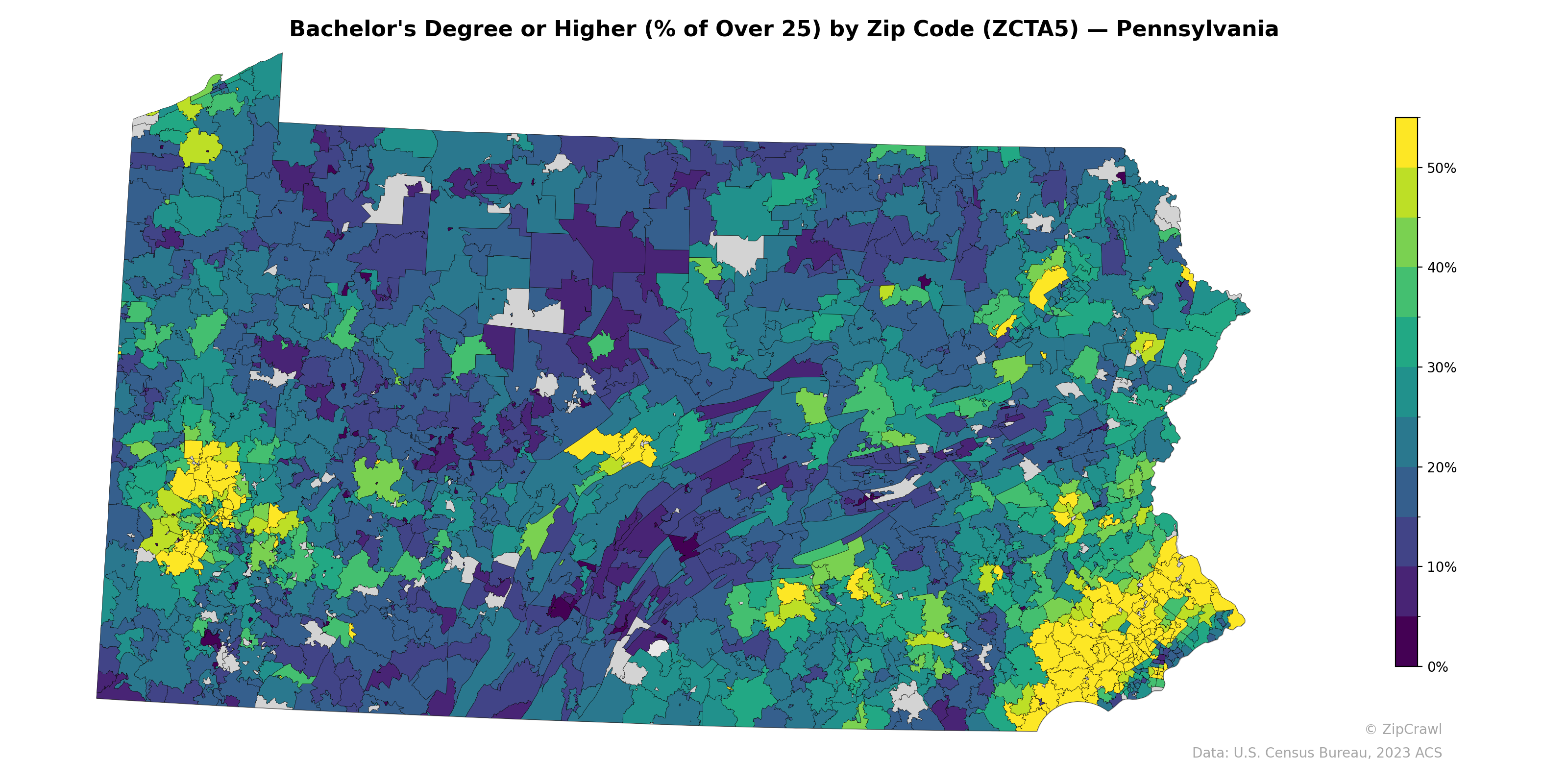 Bachelor's Degree or Higher (% of Over 25) by Zip Code (ZCTA5) — Pennsylvania
