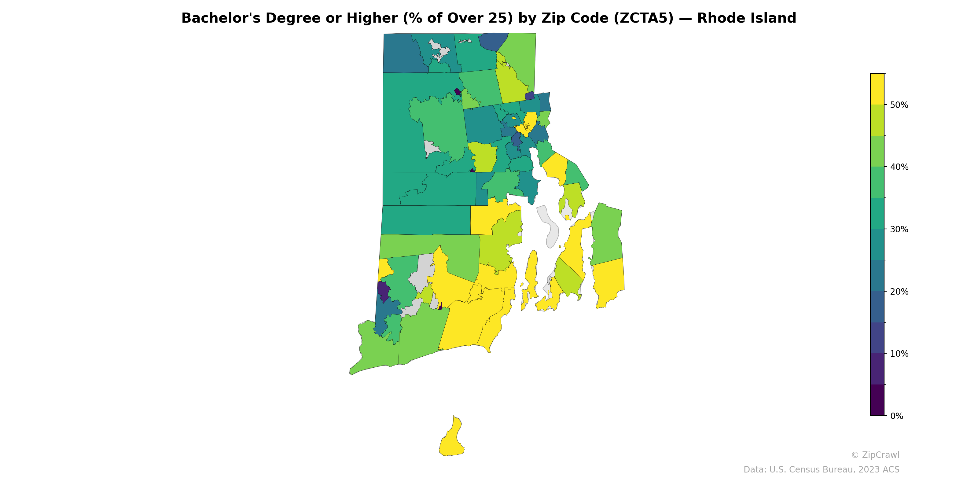 Bachelor's Degree or Higher (% of Over 25) by Zip Code (ZCTA5) — Rhode Island