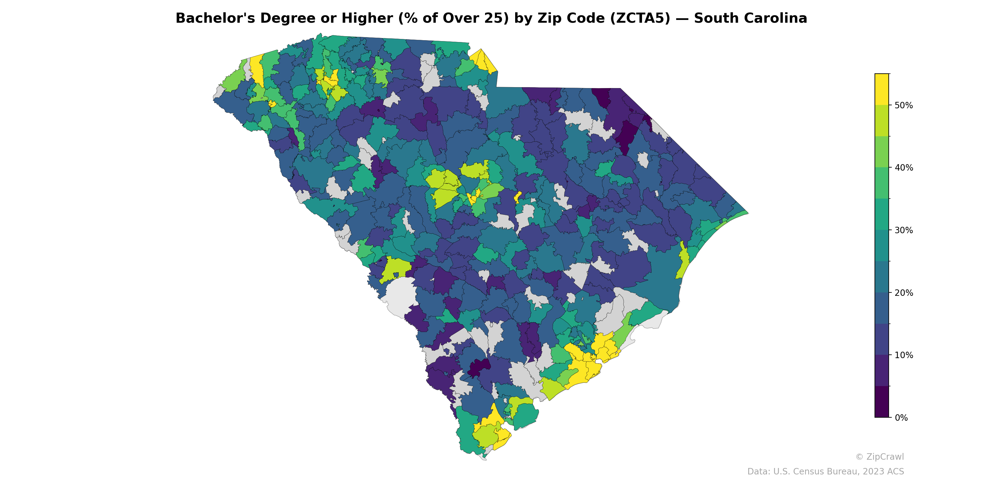 Bachelor's Degree or Higher (% of Over 25) by Zip Code (ZCTA5) — South Carolina