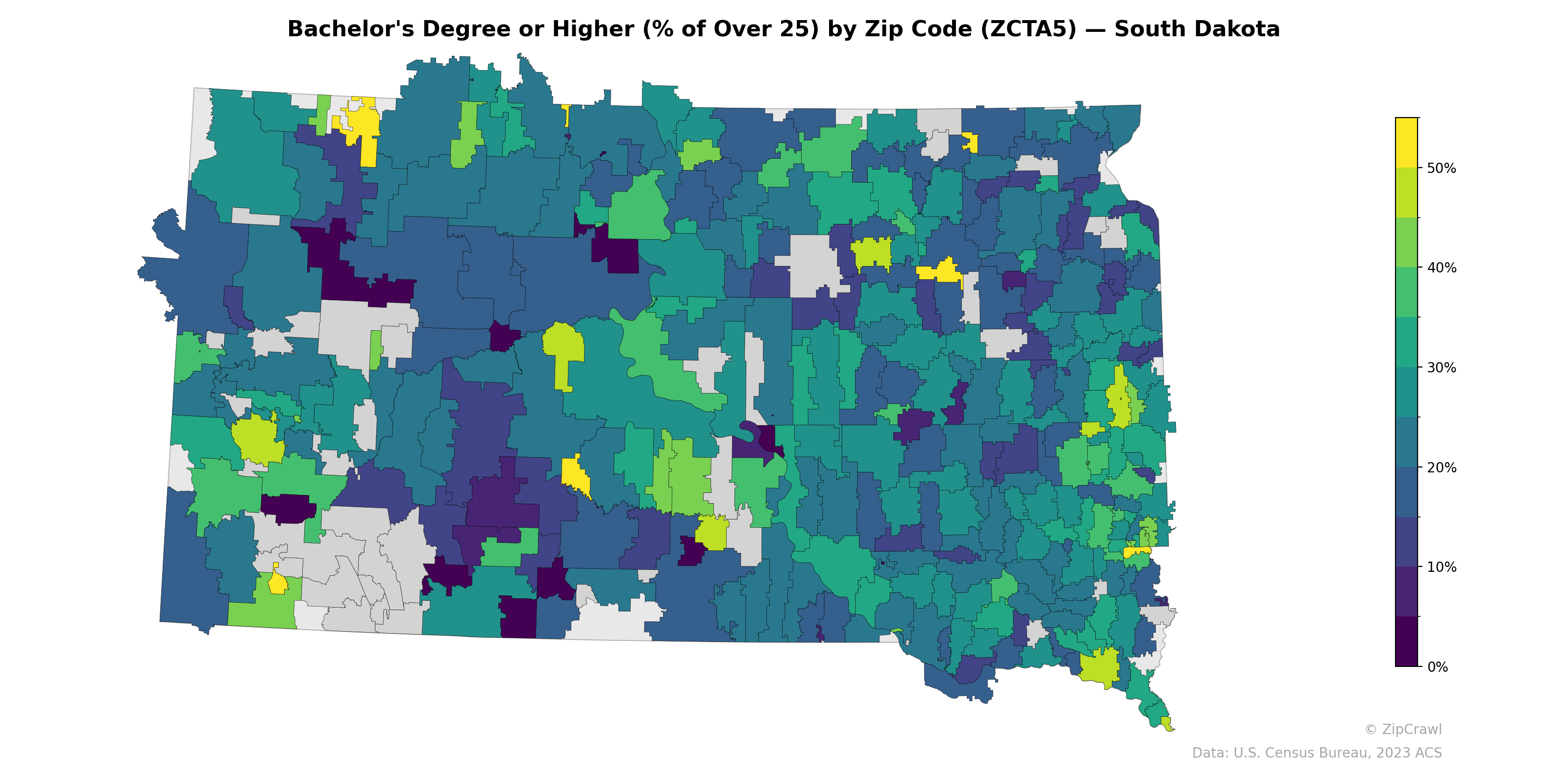 Bachelor's Degree or Higher (% of Over 25) by Zip Code (ZCTA5) — South Dakota