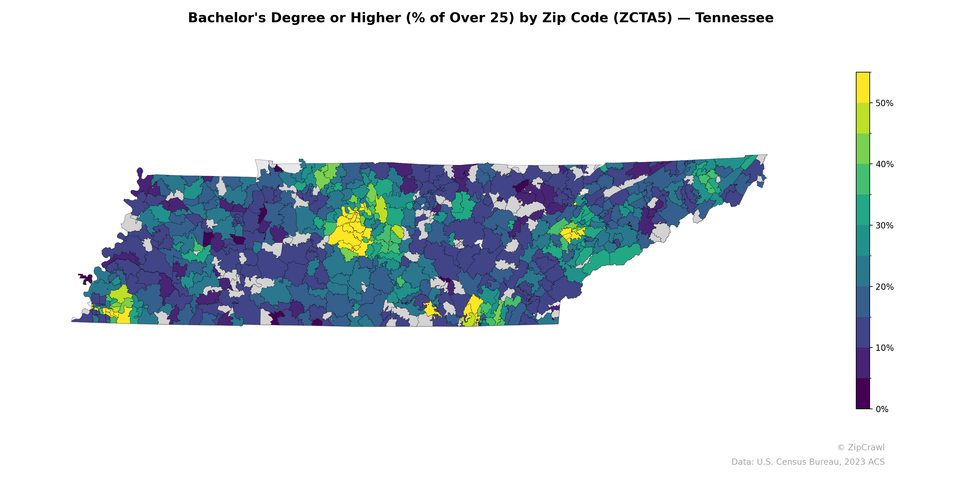 Bachelor's Degree or Higher (% of Over 25) by Zip Code (ZCTA5) — Tennessee
