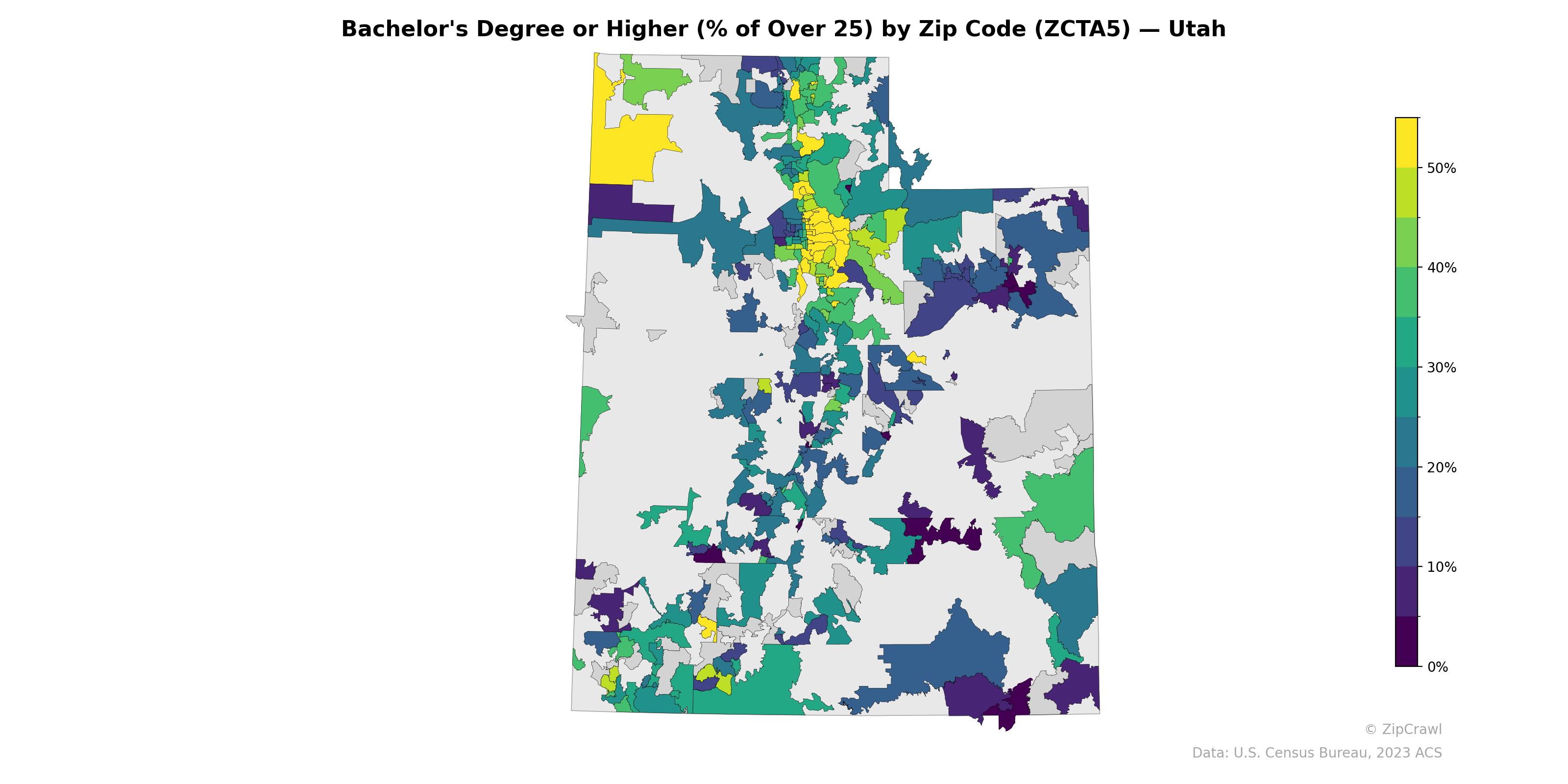 Bachelor's Degree or Higher (% of Over 25) by Zip Code (ZCTA5) — Utah