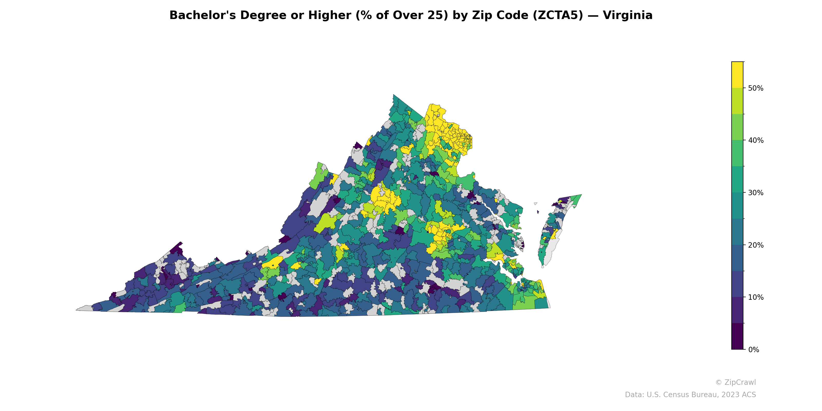Bachelor's Degree or Higher (% of Over 25) by Zip Code (ZCTA5) — Virginia