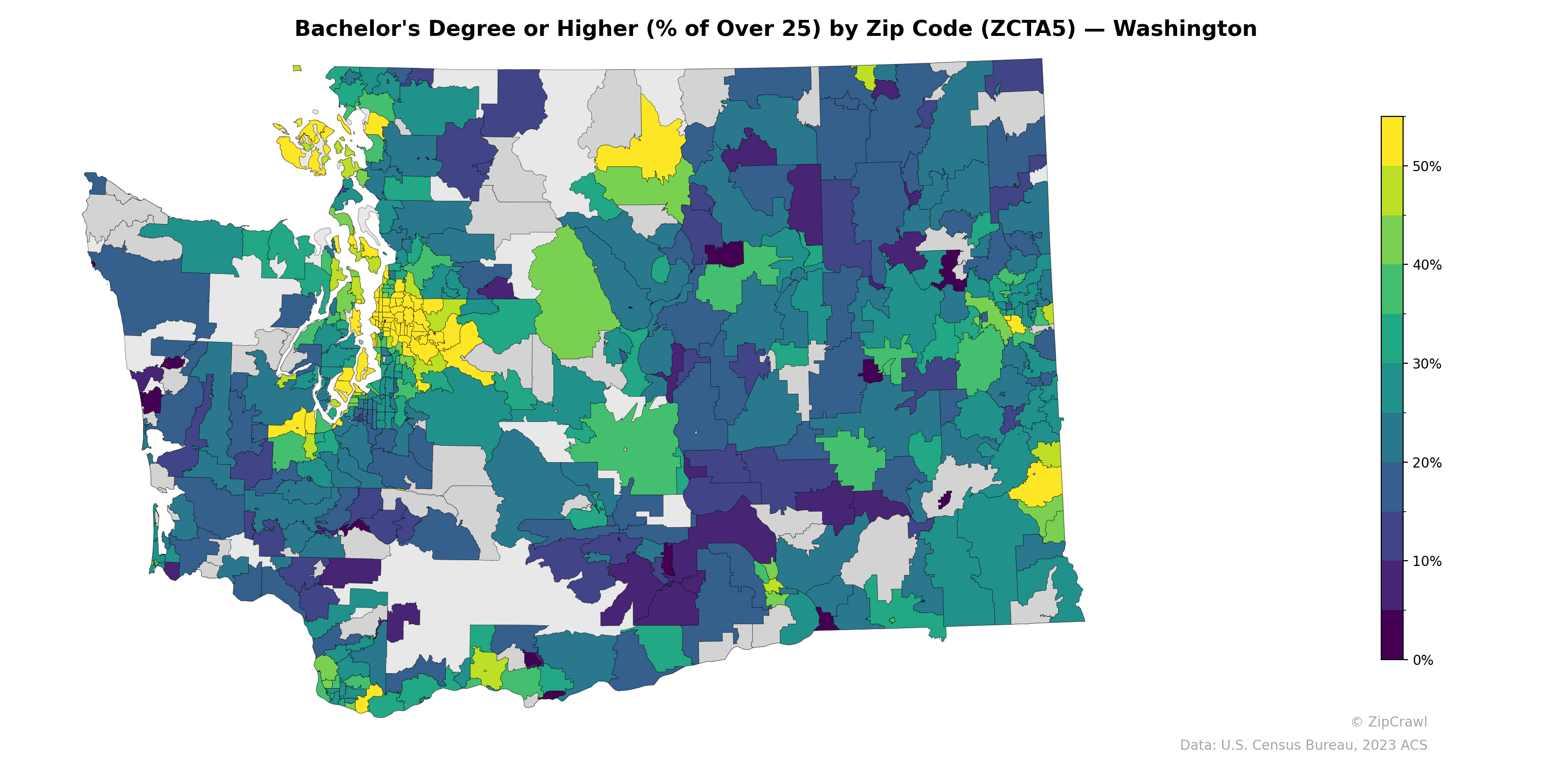 Bachelor's Degree or Higher (% of Over 25) by Zip Code (ZCTA5) — Washington