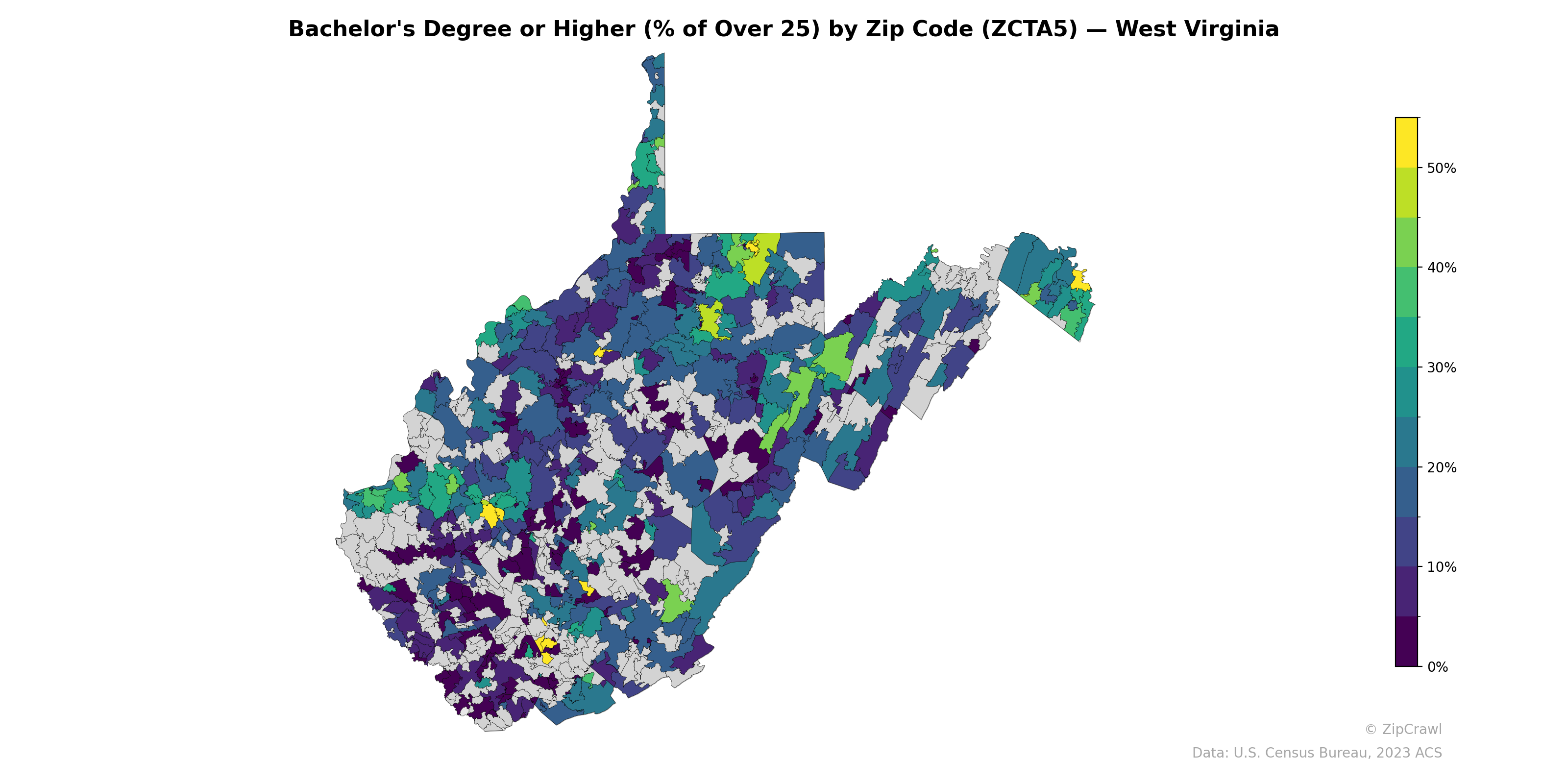 Bachelor's Degree or Higher (% of Over 25) by Zip Code (ZCTA5) — West Virginia