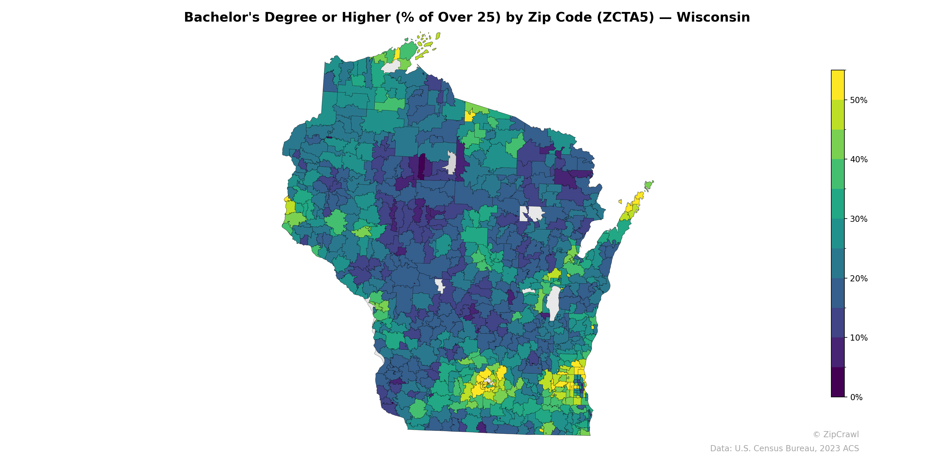 Bachelor's Degree or Higher (% of Over 25) by Zip Code (ZCTA5) — Wisconsin