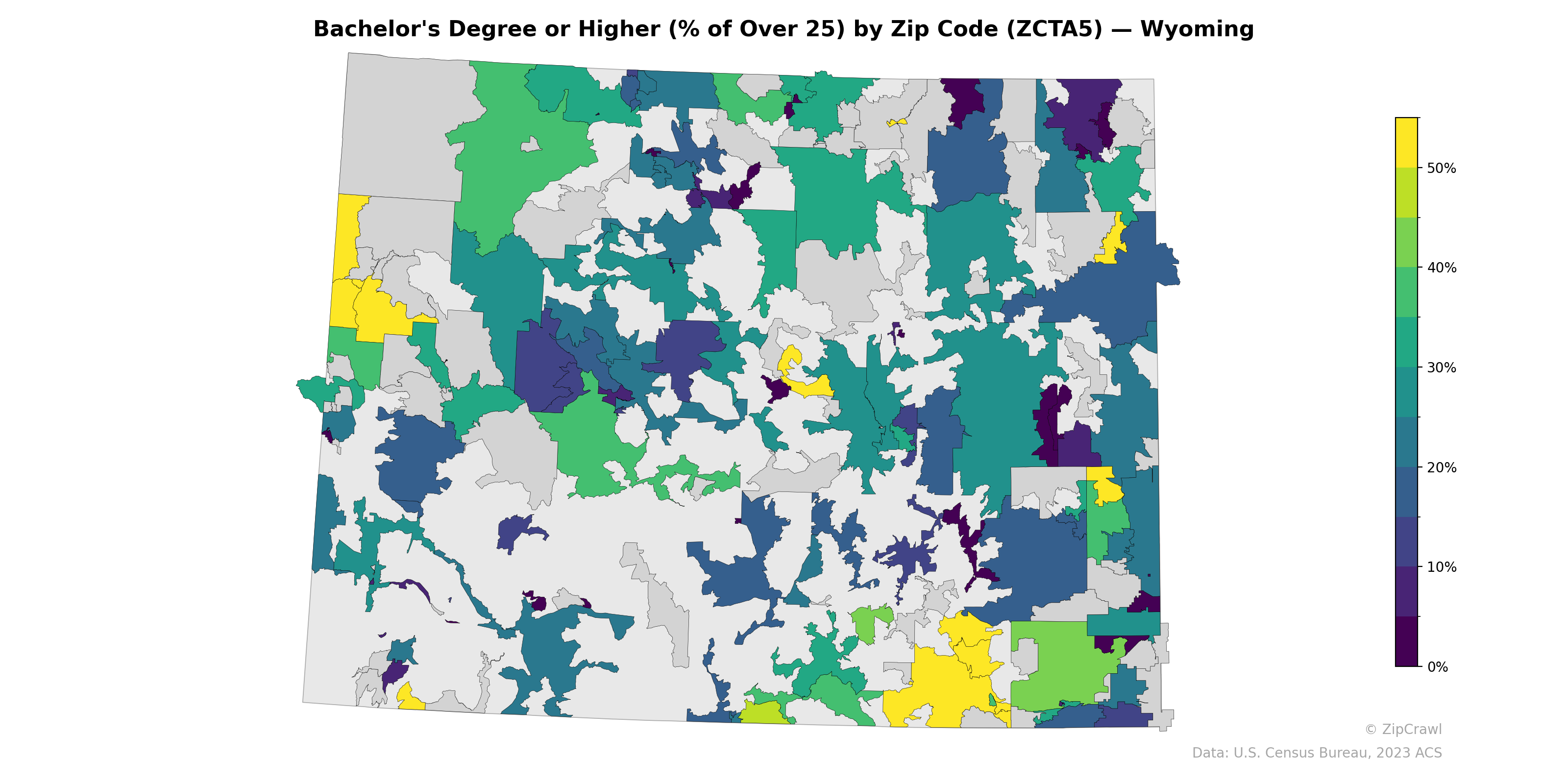 Bachelor's Degree or Higher (% of Over 25) by Zip Code (ZCTA5) — Wyoming