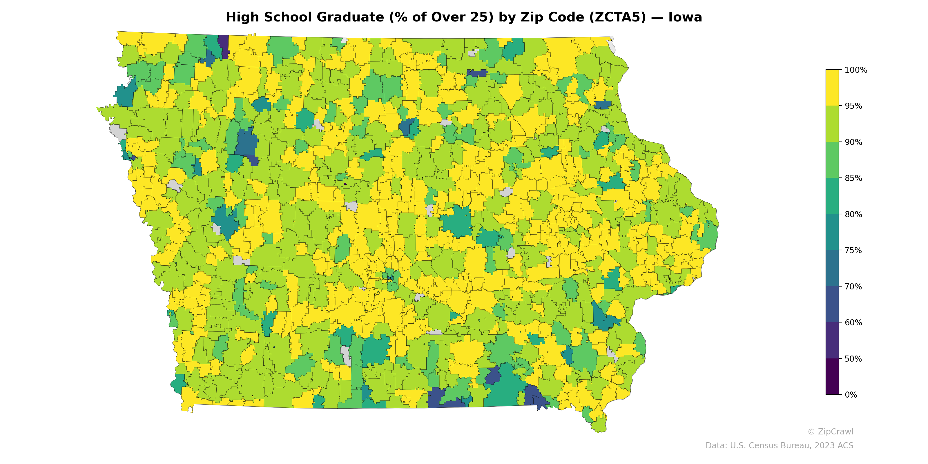 High School Graduate (% of Over 25) by Zip Code (ZCTA5) — Iowa
